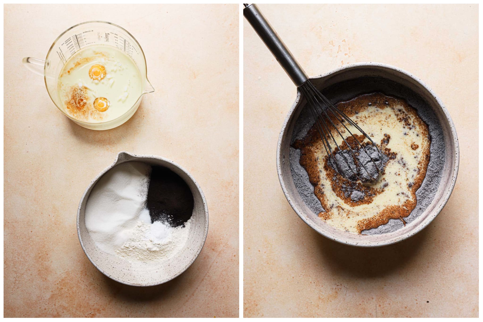 A side-by-side photo shows the steps of making cupcakes. On the left, the wet ingredients are mixed in a large measuring cup above the dry ingredients, which are mixed in a bowl. In the right photo, a chocolatey mixture is being whisked.