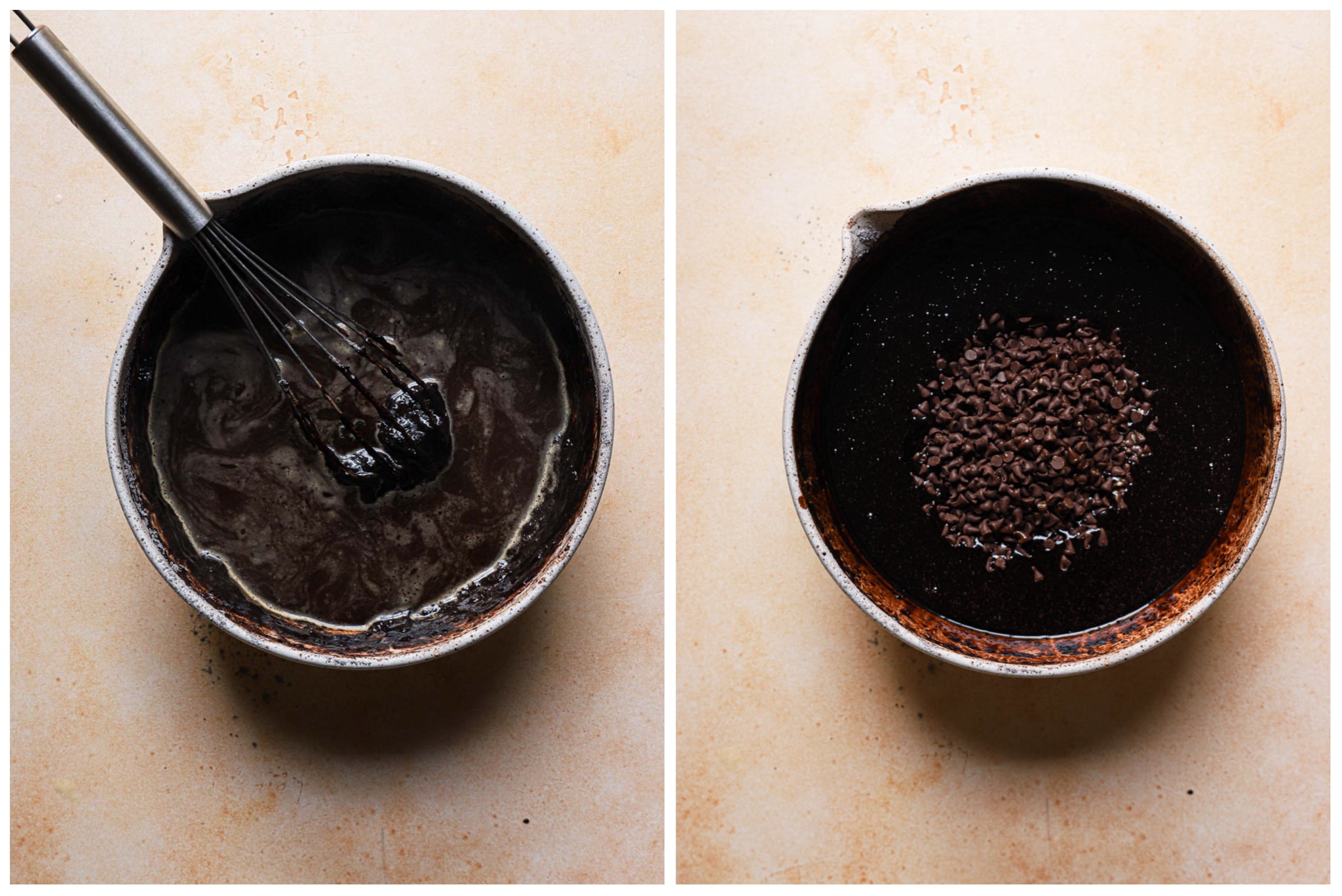 A side-by-side photo shows how to make cupcakes. On the left is the chocolate cupcake batter, on the right, the mini chocolate chips have been added and are ready to be folded into the batter.