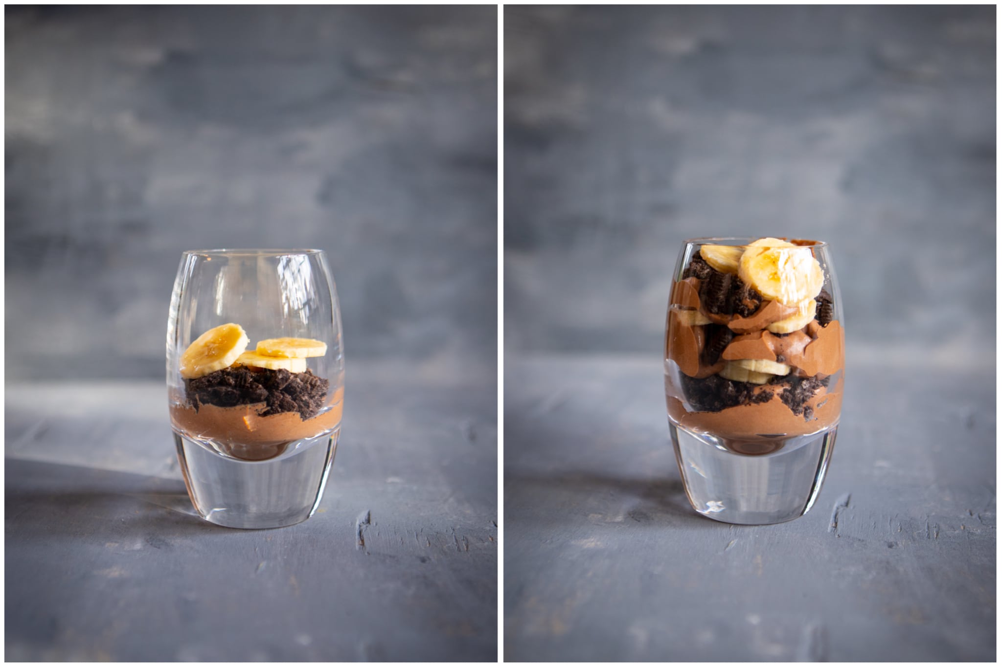 Two photos of Chocolate Banana Pudding being made, side by side, at different steps in the process. On the left, a glass with one layer of chocolate mousse, cookie crumbs, and bananas. And on the right, all of the layers of ingredients added to create a full glass of dessert.