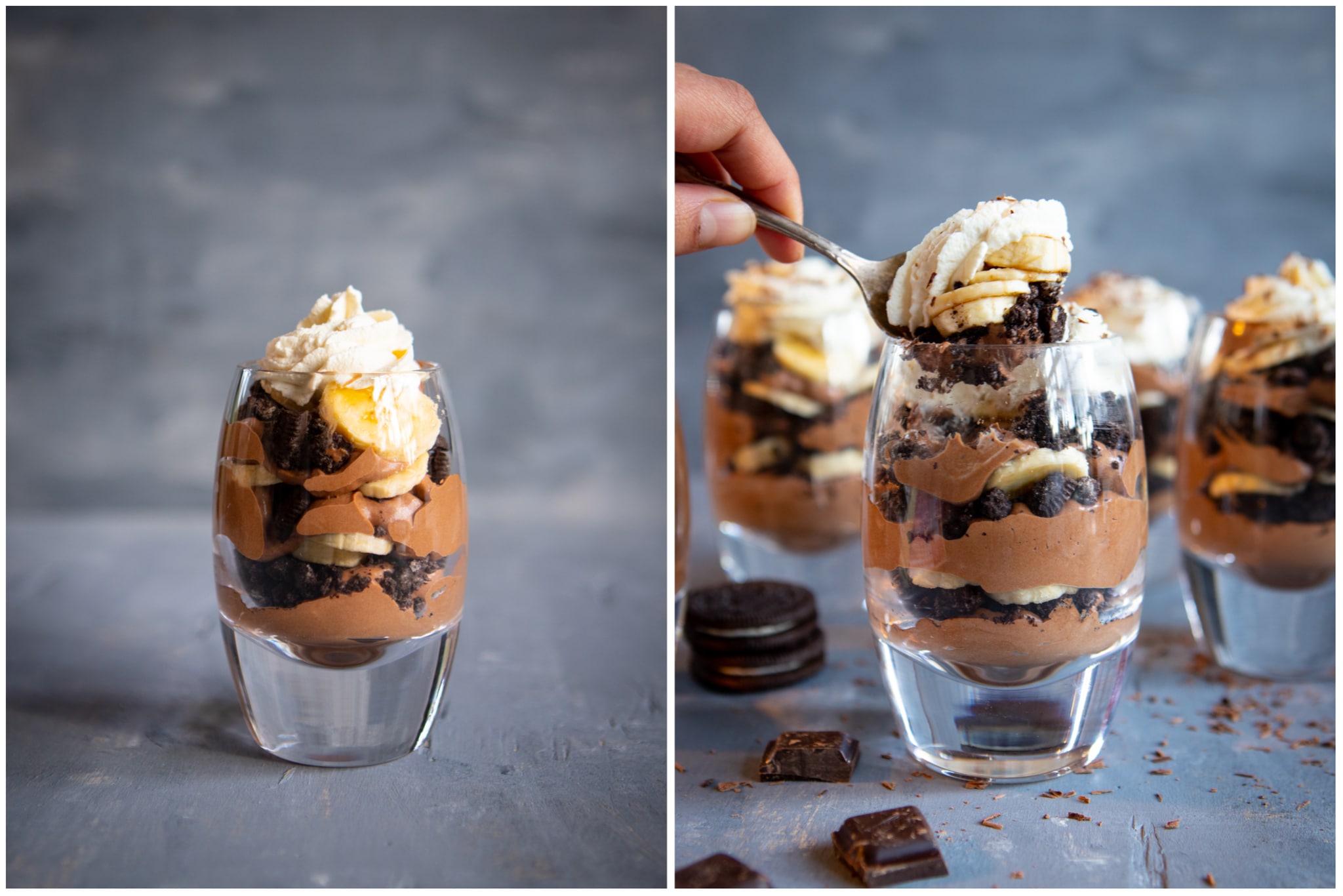 Two photos, side-by-side, of Chocolate Banana Pudding steps further in the process. On the left, a finished Chocolate Banana Pudding with layers of mousse, cookie crumbs, and bananas, topped with whipped cream. On the right, the finished Chocolate Banana Pudding, with someone taking a spoonful off the top ready to eat!