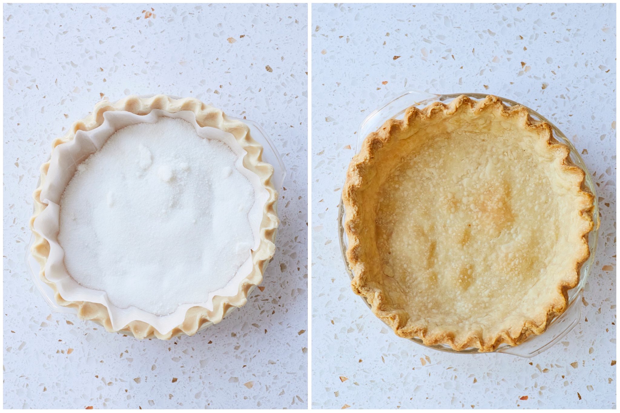 Homemade Buttermilk Pie Crust is shown in a side-by-side photo. On the left, it is unbaked and covered in parchment paper and sugar, serving as pie weights. On the right, the crust is baked and golden brown.
