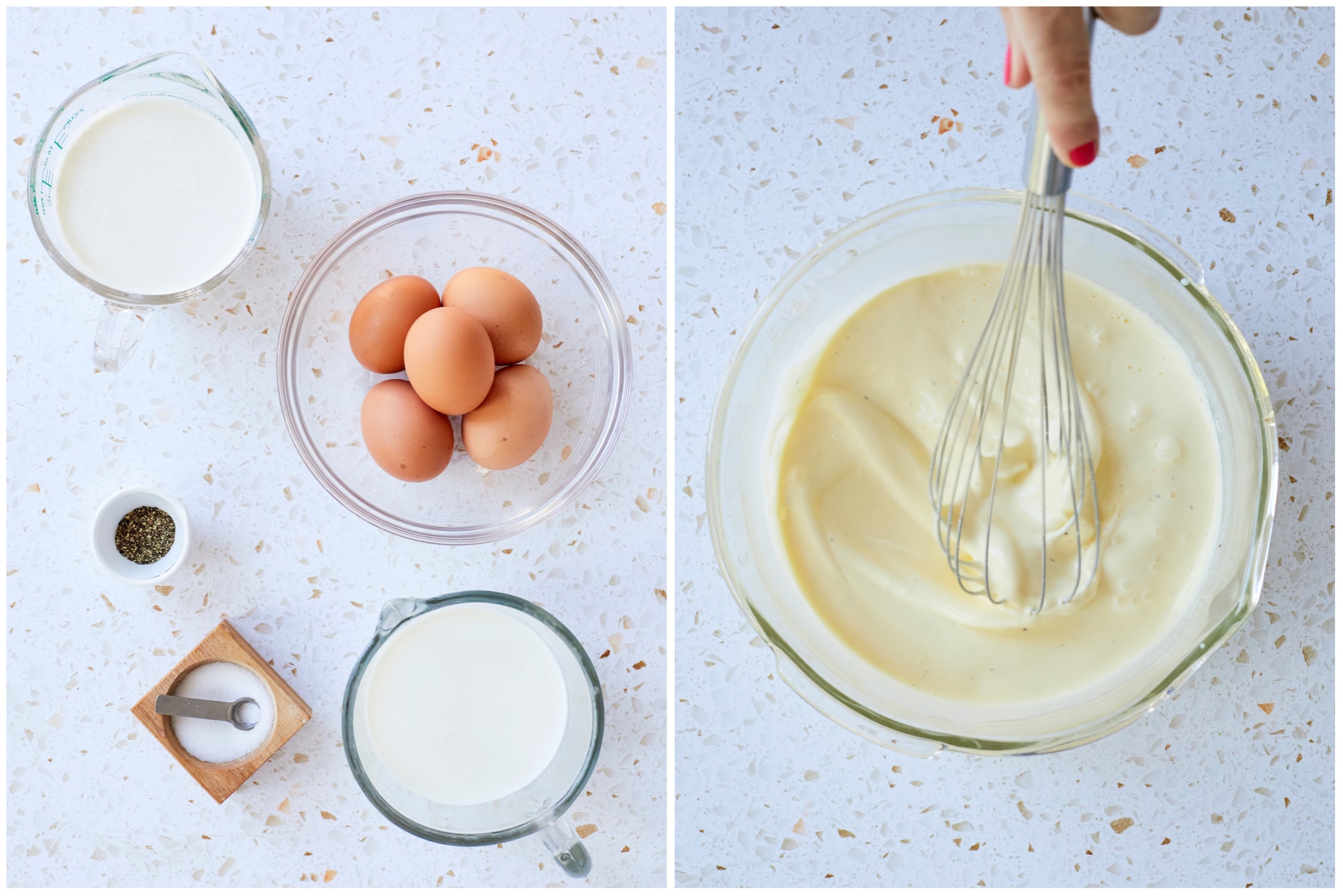 A side-by-side photos show the ingredients of quiche custard. On the left there are two liquid measuring cups filled with milk and heavy cream, brown eggs in a bowl, and salt, and pepper in serving dishes. On the right, the ingredients have been whisked together.