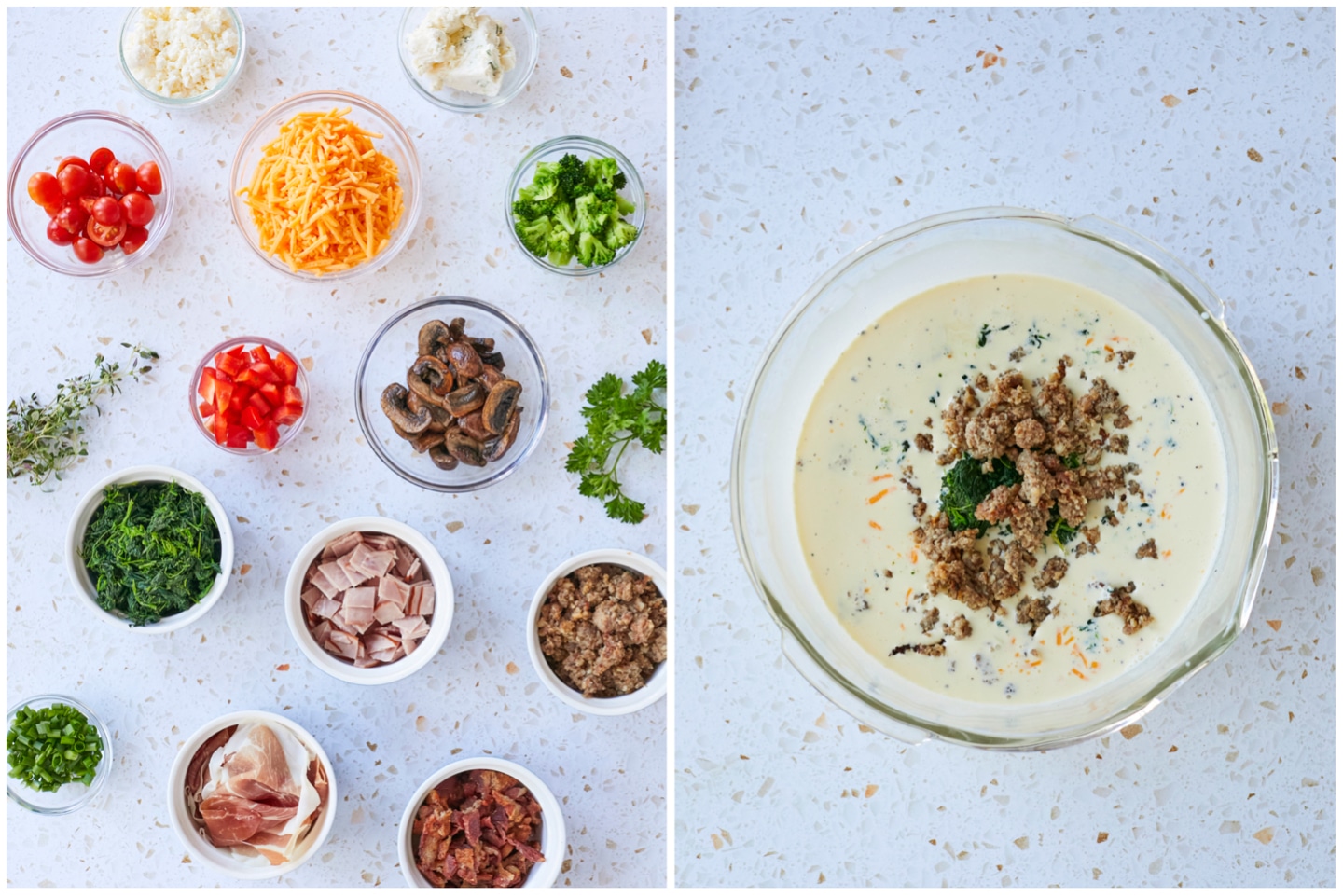 Different options for quiche are shown in a side-by-side photo. On the left, ingredients like cheddar cheese, tomatoes, spinach, mushrooms, bacon, and sausage are in individual bowls. On the right, the ingredients have been mixed in with the quiche custard.