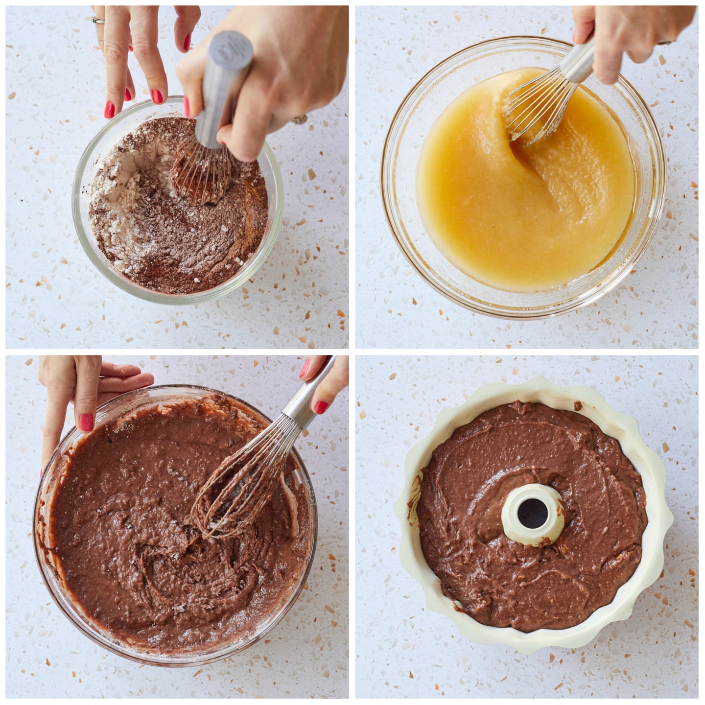 The process of making applesauce cake is displayed in a grid of four pictures. First, the flour and cocoa powder is mixed, then the apple sauce is added. The final photo shows the raw cake batter poured into a bundt pan. 
