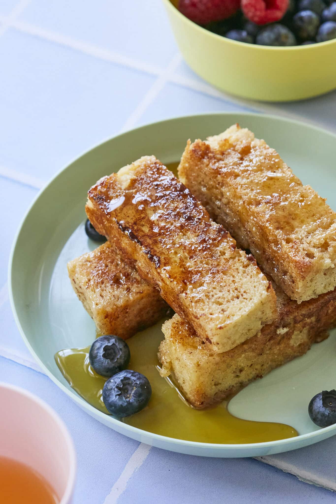French Toast Sticks with maple syrup blueberries 
