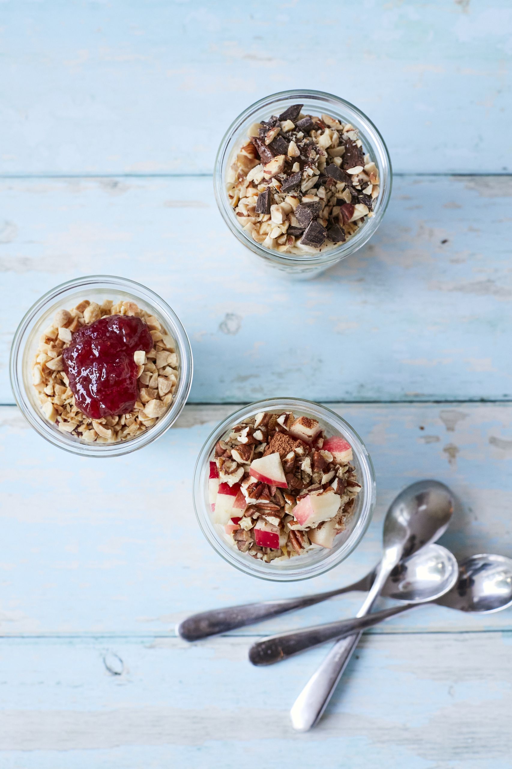 Top down view of Overnight Oats in 3 flavors. 