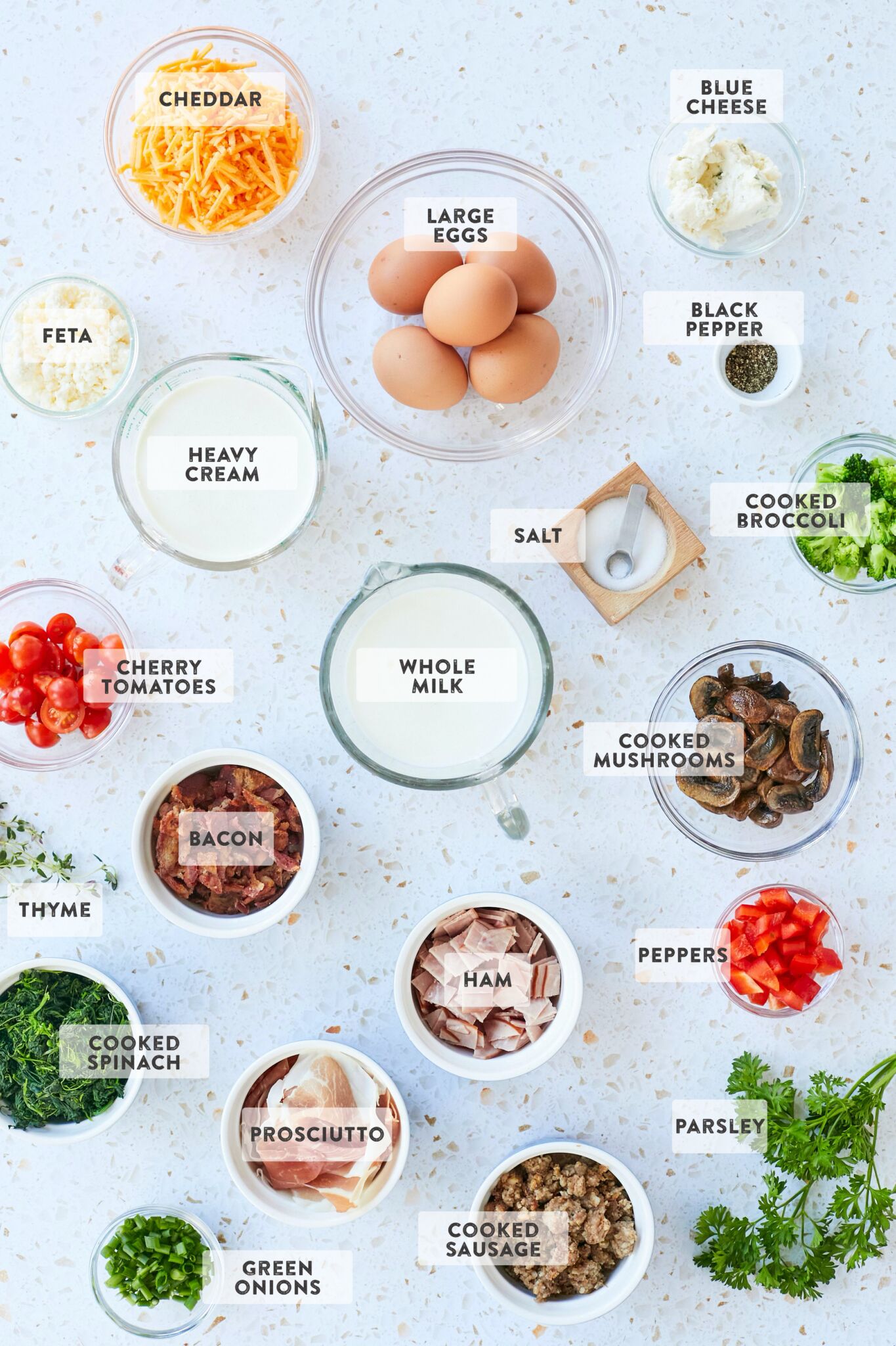 A detailed image of the ingredients needed to make a quiche. 