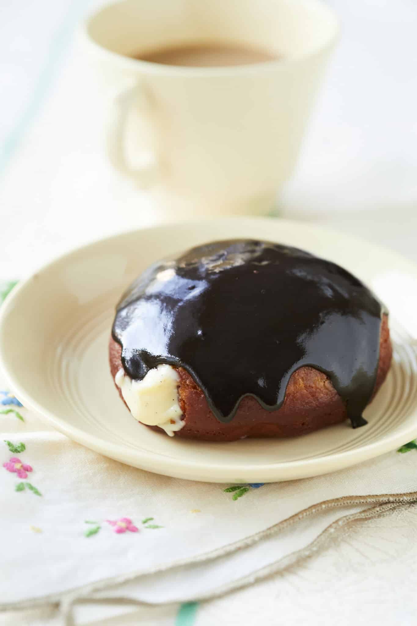 Boston Cream Donuts Recipe-WhatTheyAre-dough with pastry cream choco glaze