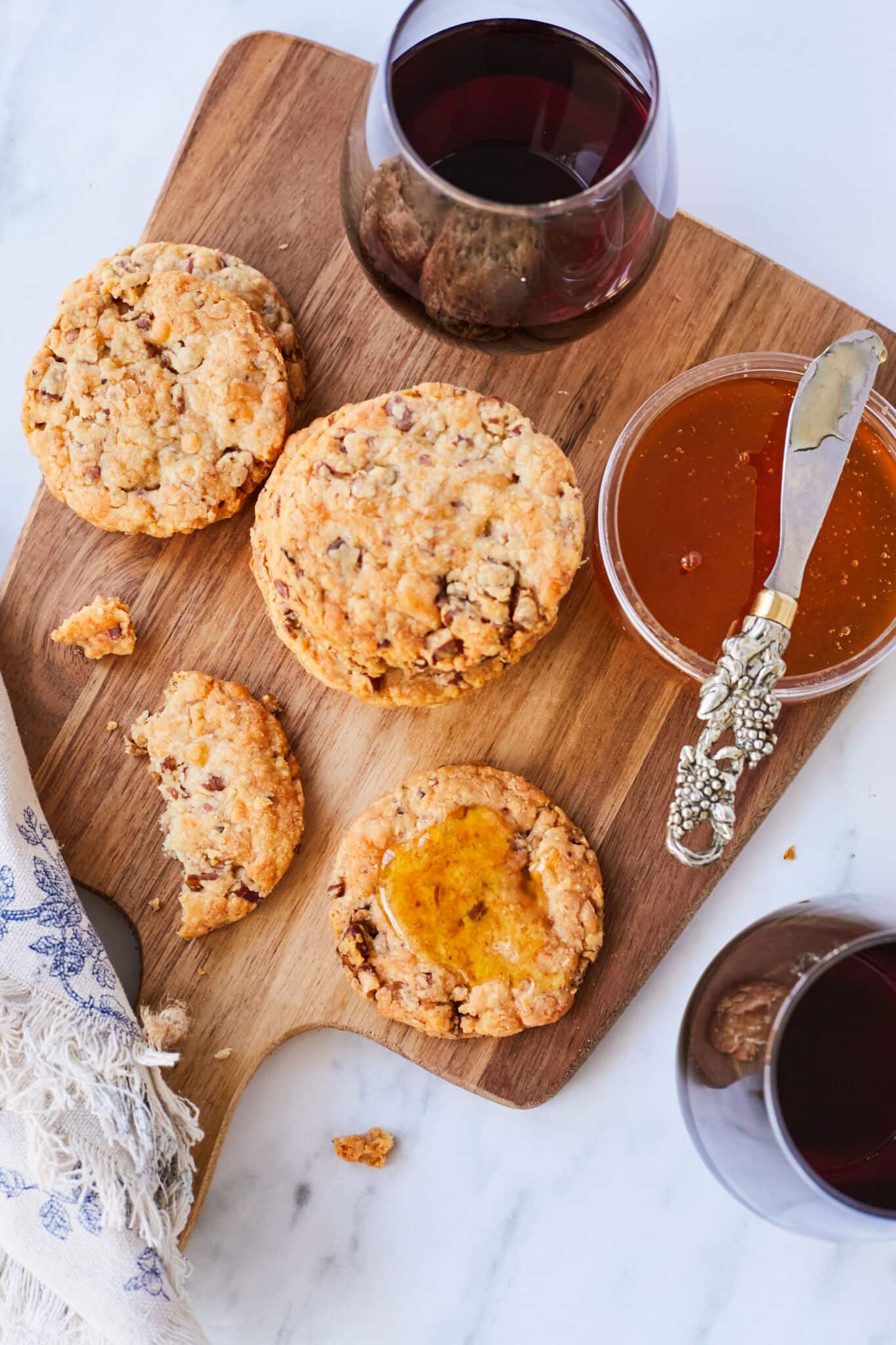 How to enjoy Cheddar Pecan Savory Shortbread Cookies with wine and honey