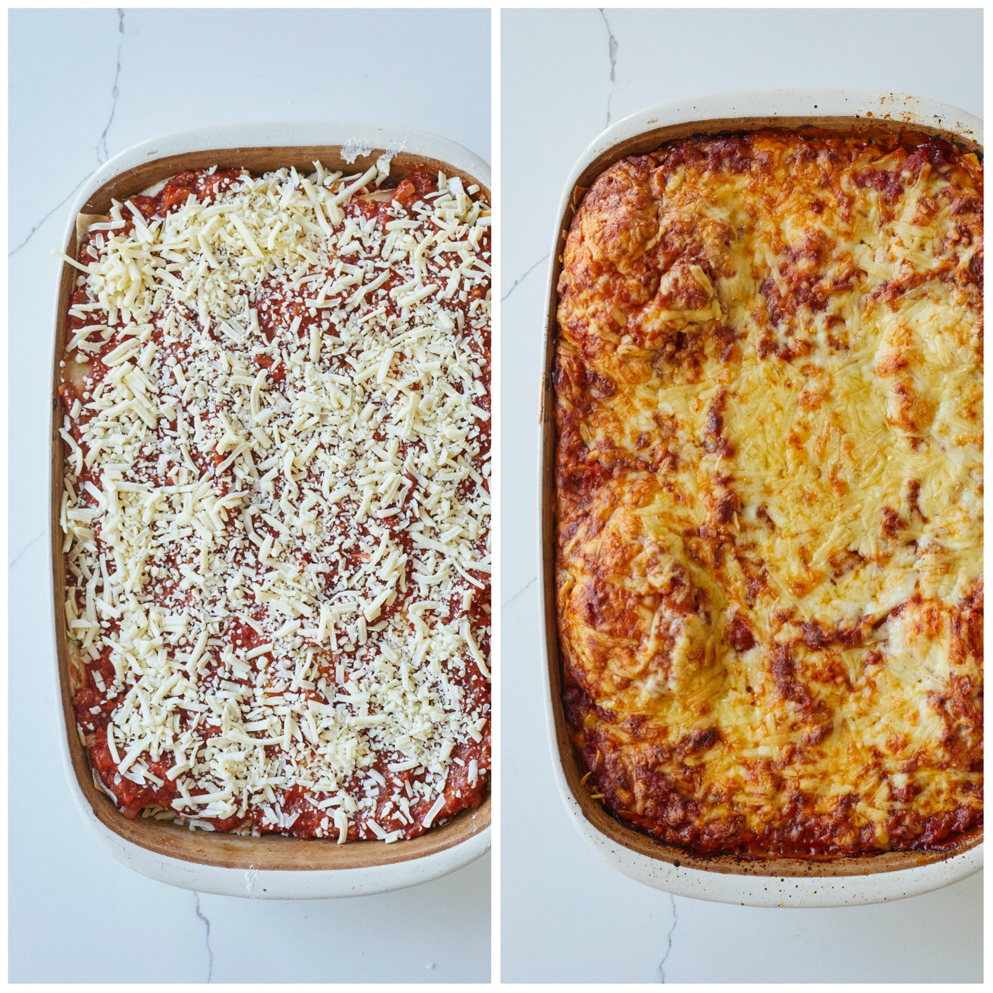 The Best Lasagna Recipe (100% From Scratch!) assembled Lasagna before and after baking