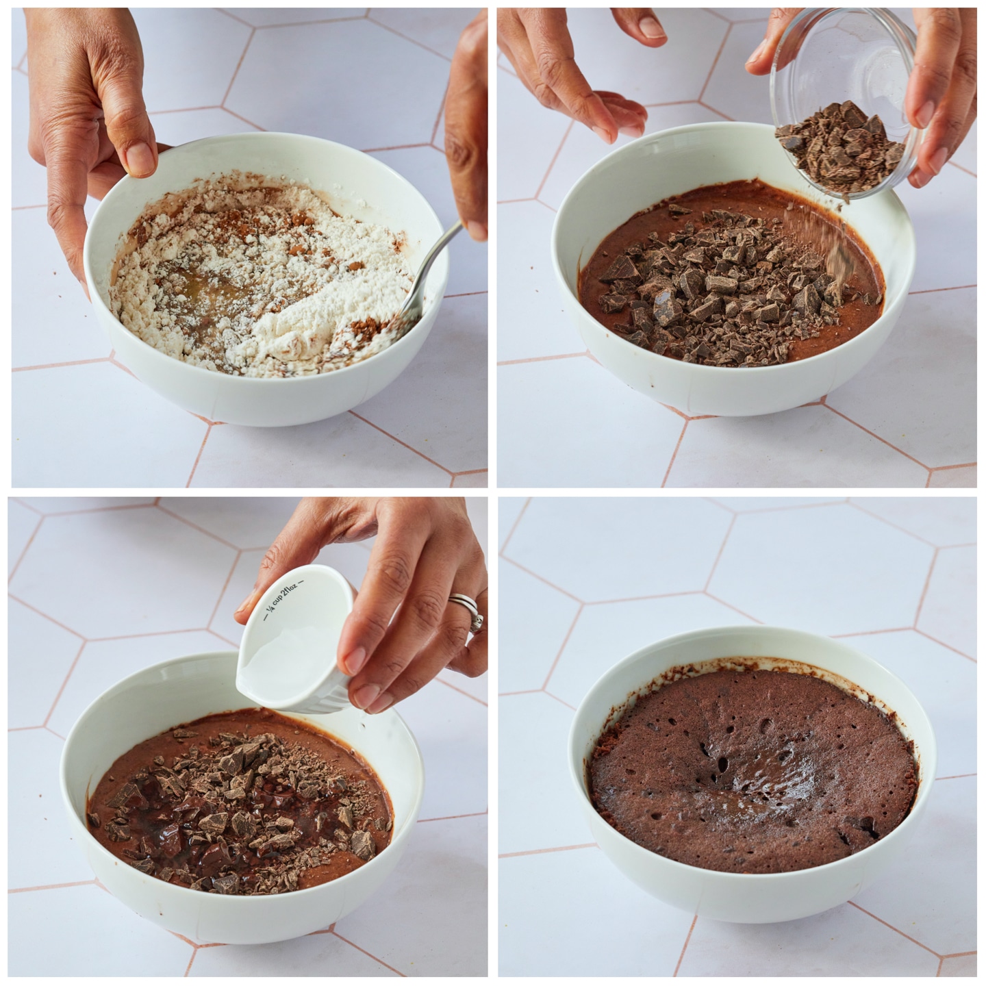 Photos side by side showing how to make Microwave Chocolate Lava Cake Bowl Recipe For Two