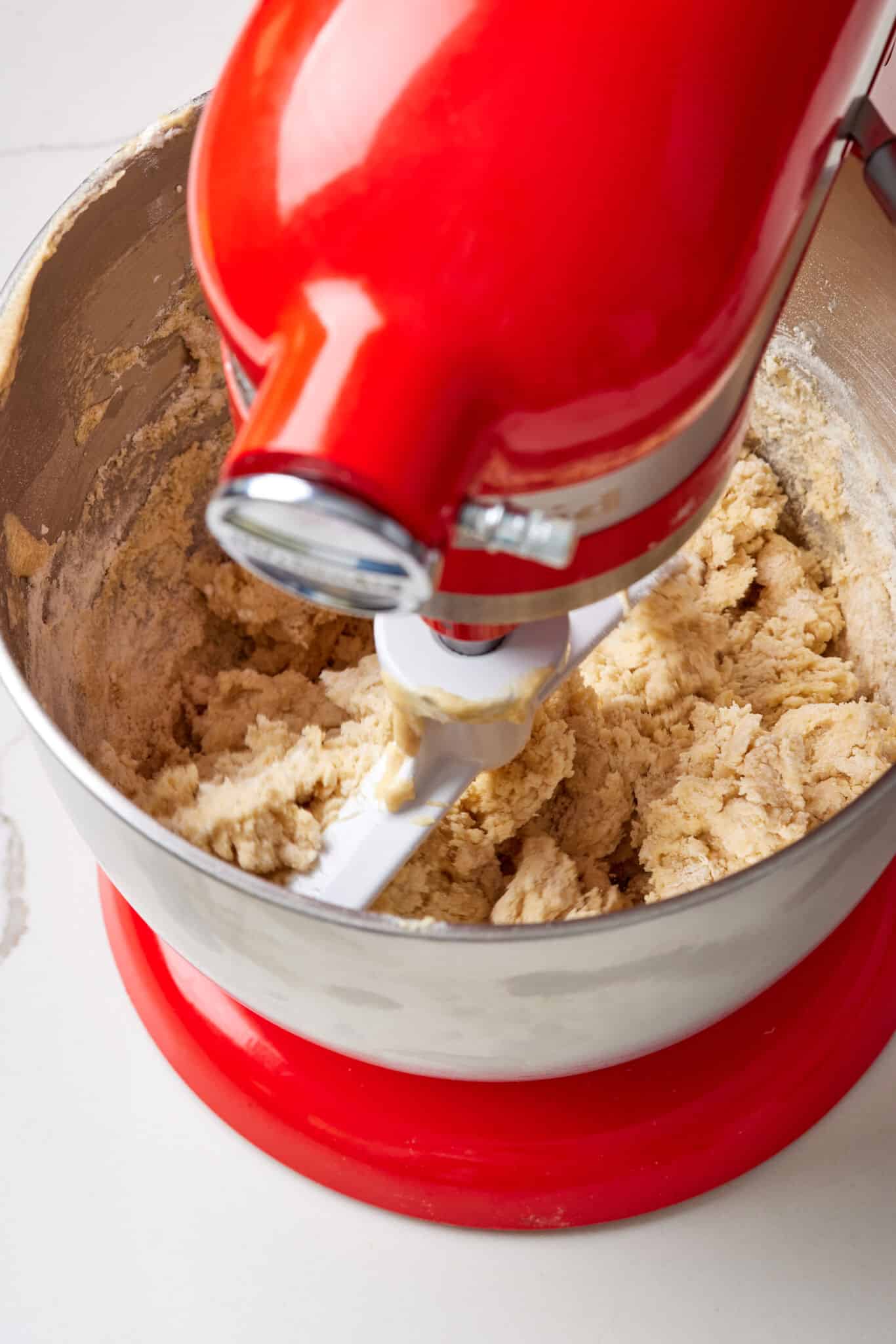 On low speed, add the flour mixture to the butter, and mix until combined. The mixture will be crumbly.