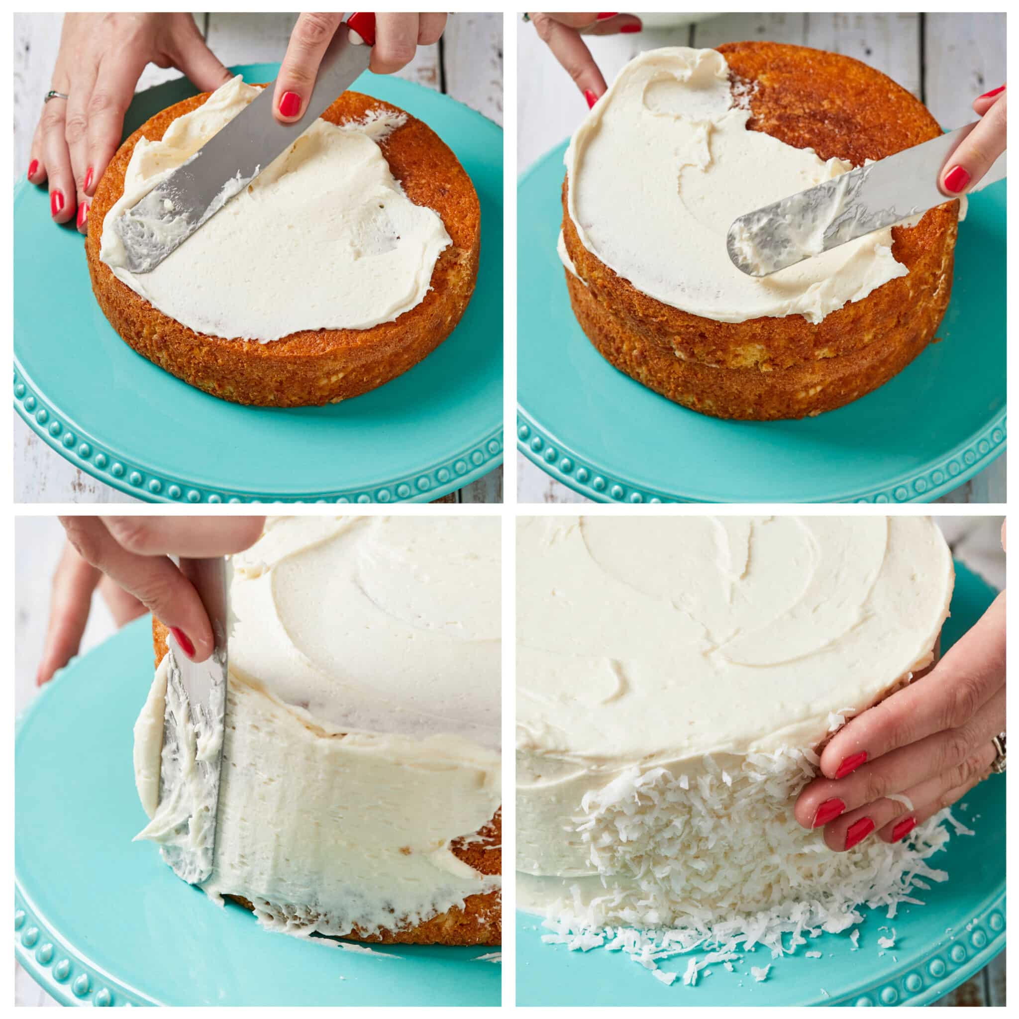 Decorating the cake with smooth cream cheese frosting between layers and on the sides and the top. covering the outside with toasted coconut flakes . 