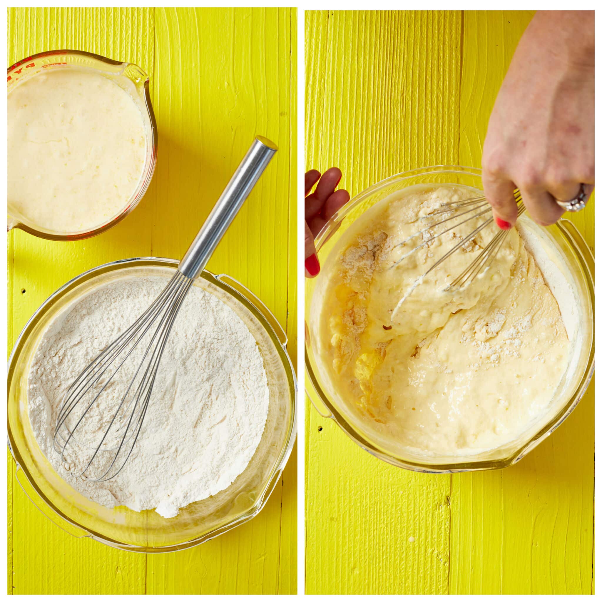 Instructions on how to make ricotta pancake batter. The dry ingredients and wet ingredients are prepared separately on the left side. Whisking together wet ingredients and dry ingredients gently together on the right side.