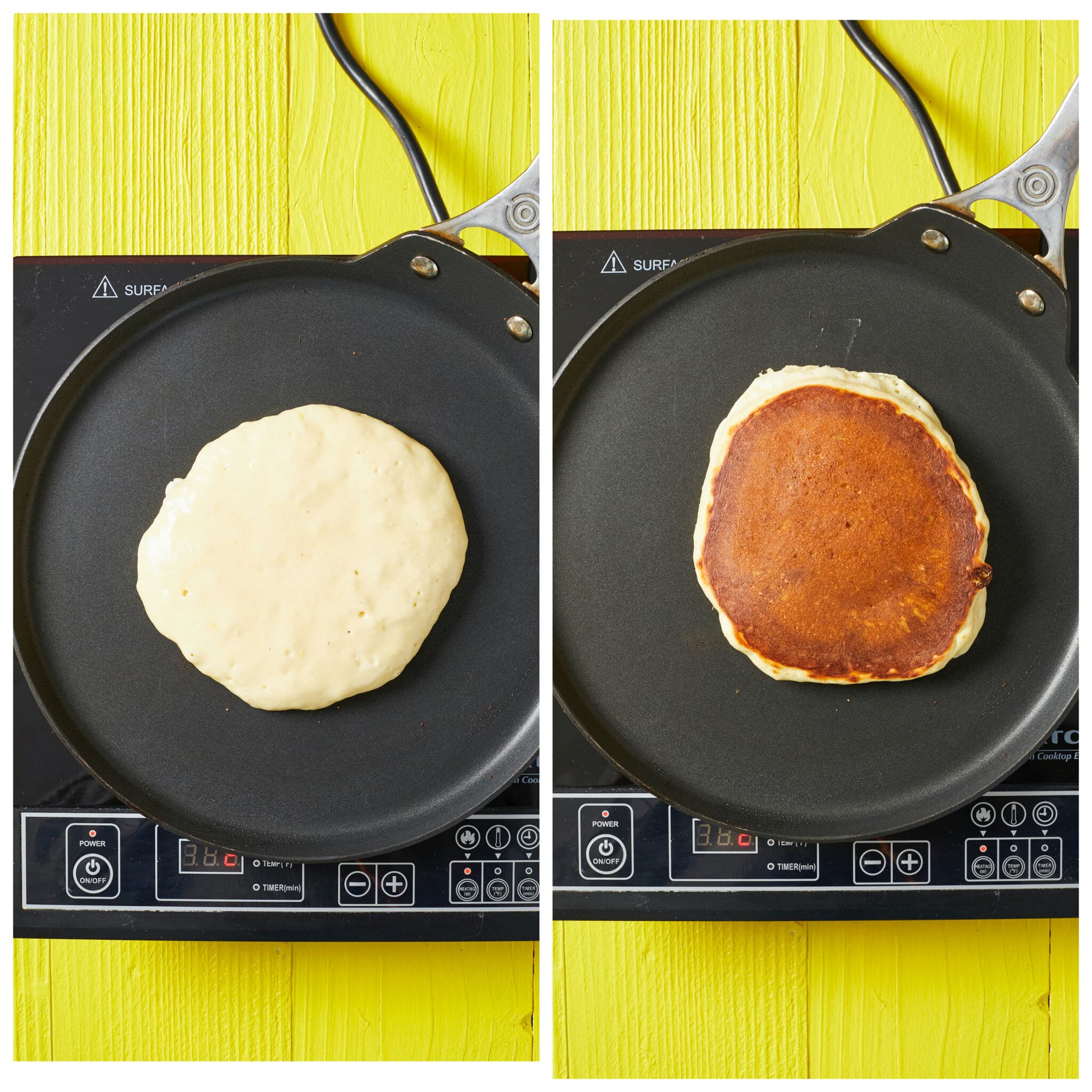 Instructions for cooking Lemon Ricotta Pancakes. On the left, cook pancakes in the center of the pan at medium-low heat until bubbles from on top and edges area lightly golden and crispy before flipping. Cook the other side until lightly golden brown.