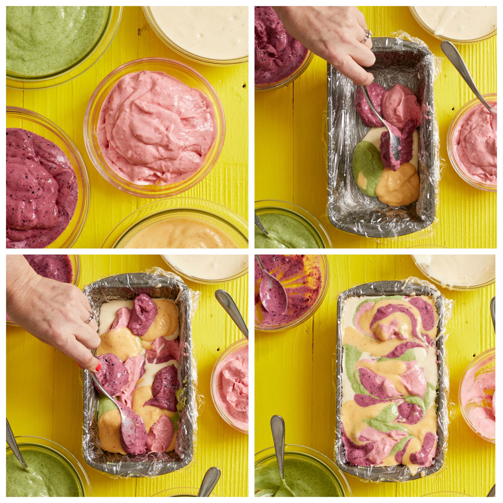 Step-by-step instructions on how to make tie dye popsicles: Puree and out each layer in individual bowls to keep the red, pink, green, light milky yellow and mango orange colors separate and bright. Spoon each completed puree randomly into the prepared pan. 