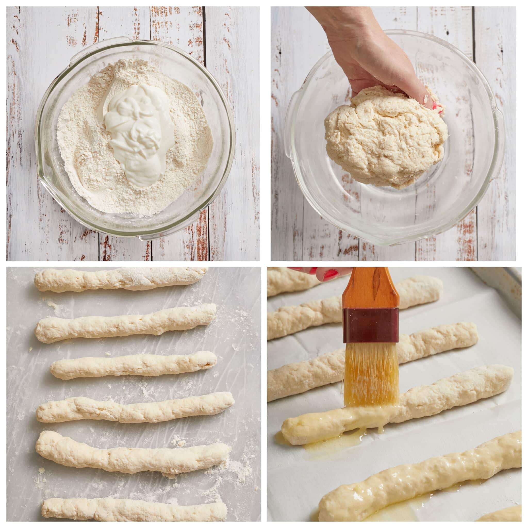 Step-by-step instructions how to make breadsticks at home: mix dry ingredients, add yogurt and mix until get a smooth dough, shape into sticks, then brush with egg wash before baking. 