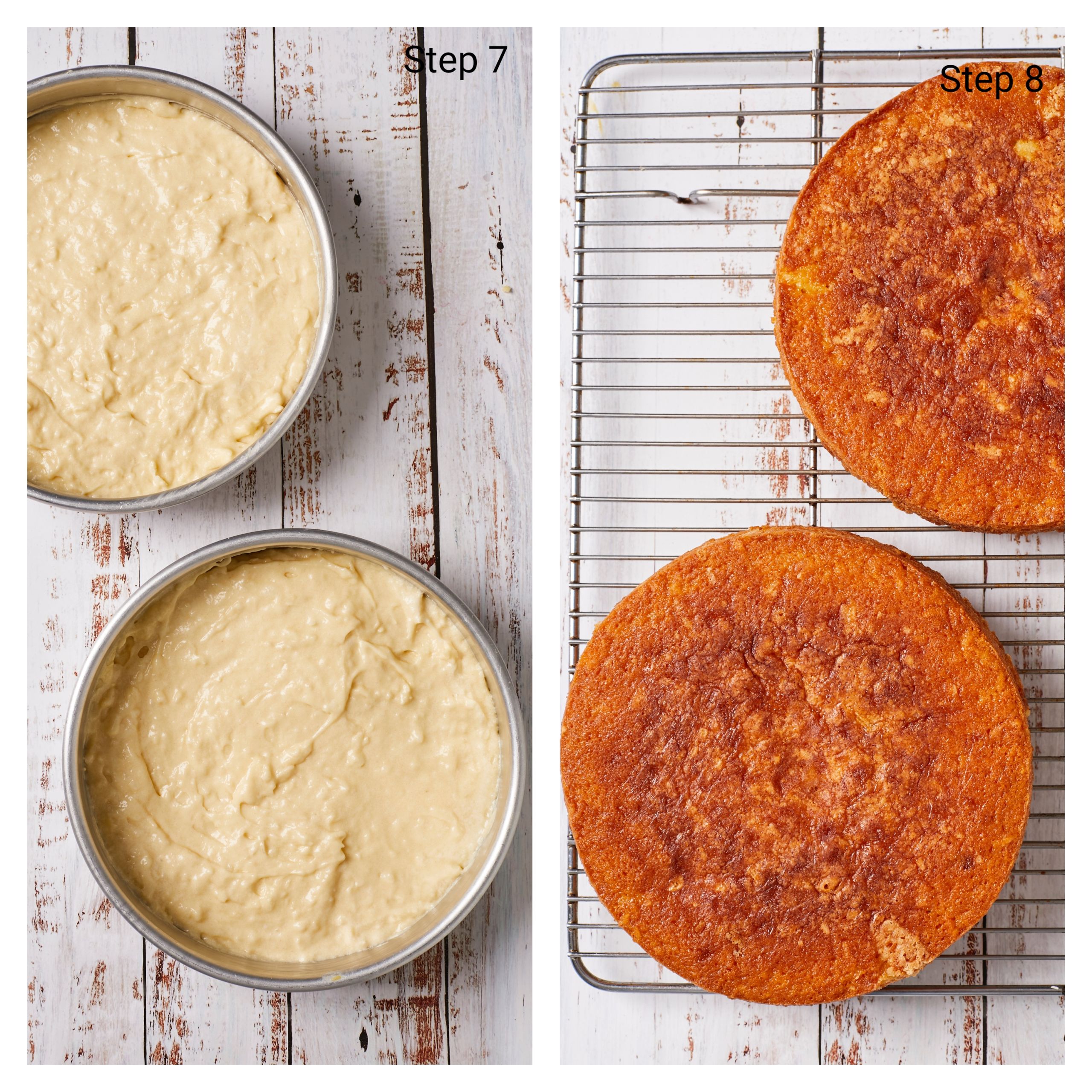 Divide the batter into two prepared pans. Bake until golden brown on top. Cool on a wire rack.  