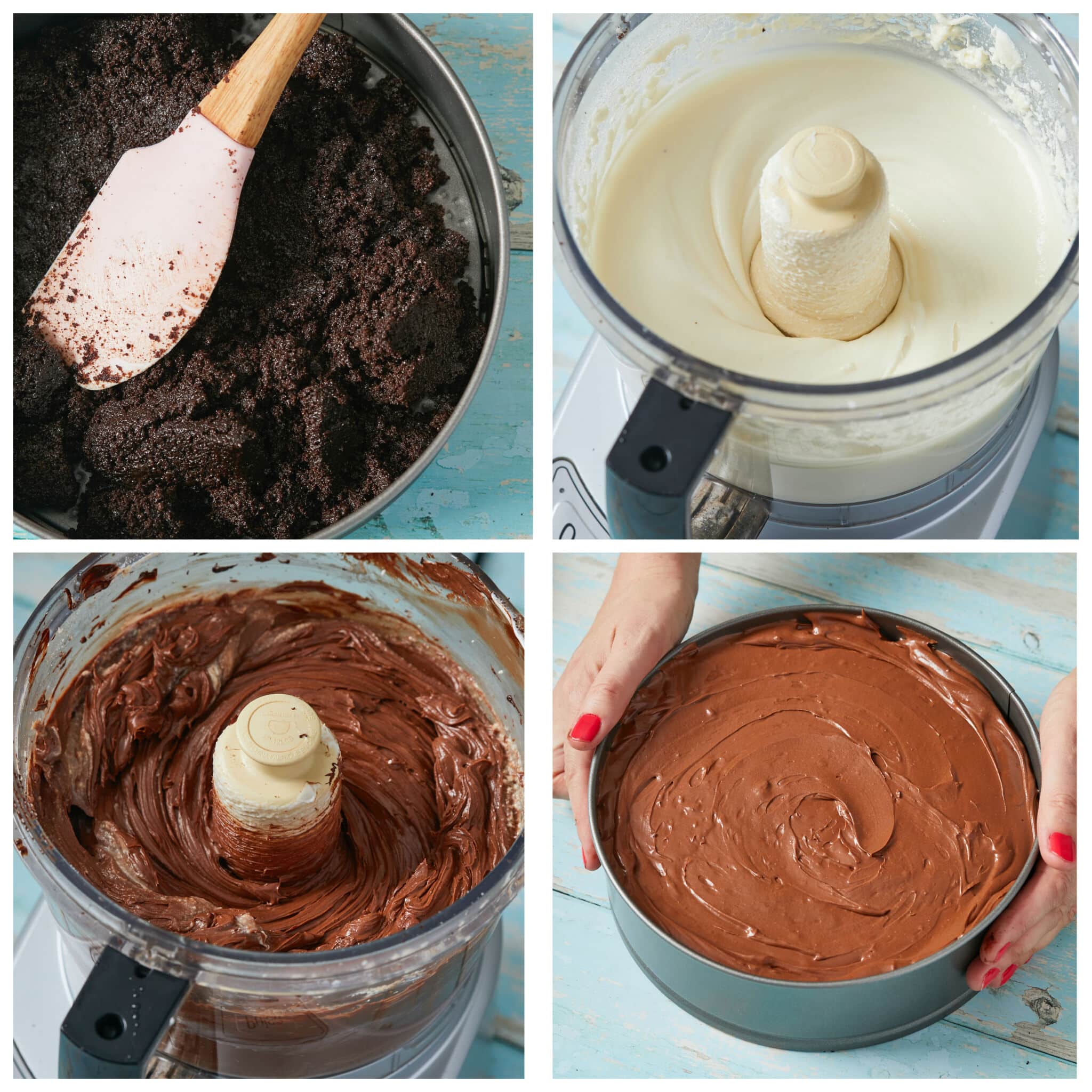 Step-by-step instruction on making a No-Bake Chocolate Cheesecake. Press melted butter with cookie crumb mixture into the spring form pan as the crust. Pulse the cream cheese and sugar in the food processor, followed by the melted chocolate and cocoa powder then whipping cream and vanilla extract, and keep processing until fully combined. Pour the filling on top of the prepared crust, smoothing out the top. 
