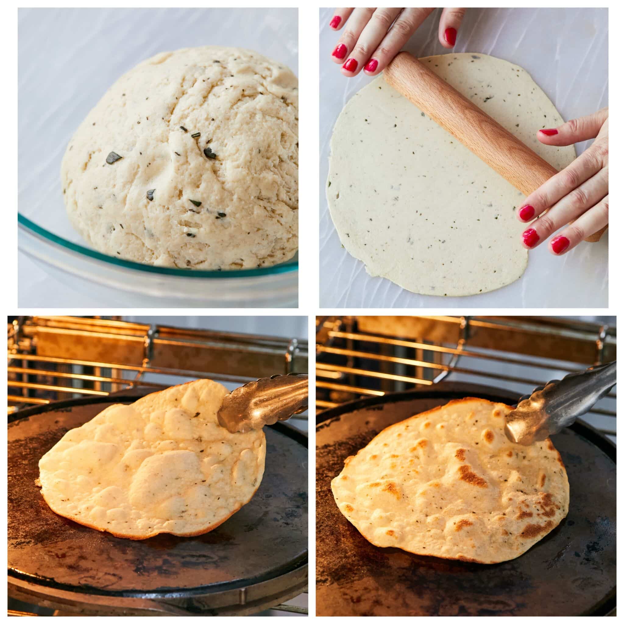 Step-by step instructions on how to make Carta di Musica: mix wet and dry ingredients separately then combine the two and knead until you get a smooth ball. Divide and roll the dough out using a rolling pin. Bake one at a time on a preheated stone or tray until golden brown and bubbly. 