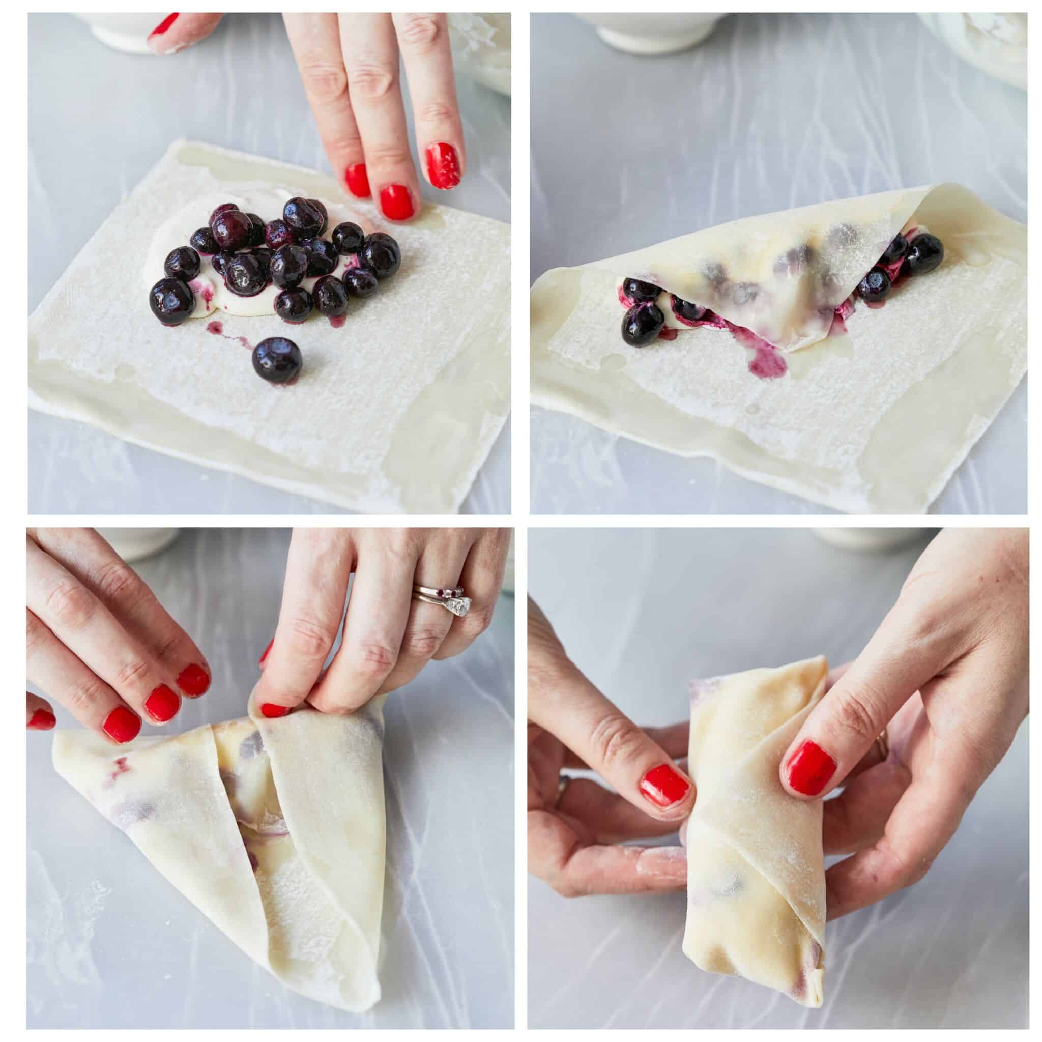 Step-by step instructions on How to Make Blueberry Cheesecake Egg Rolls. Dip a finger in the water and moisten edges of the wrapper. Fold the corners of the triangle into the center and roll up, Place on a plate with seam side down. 