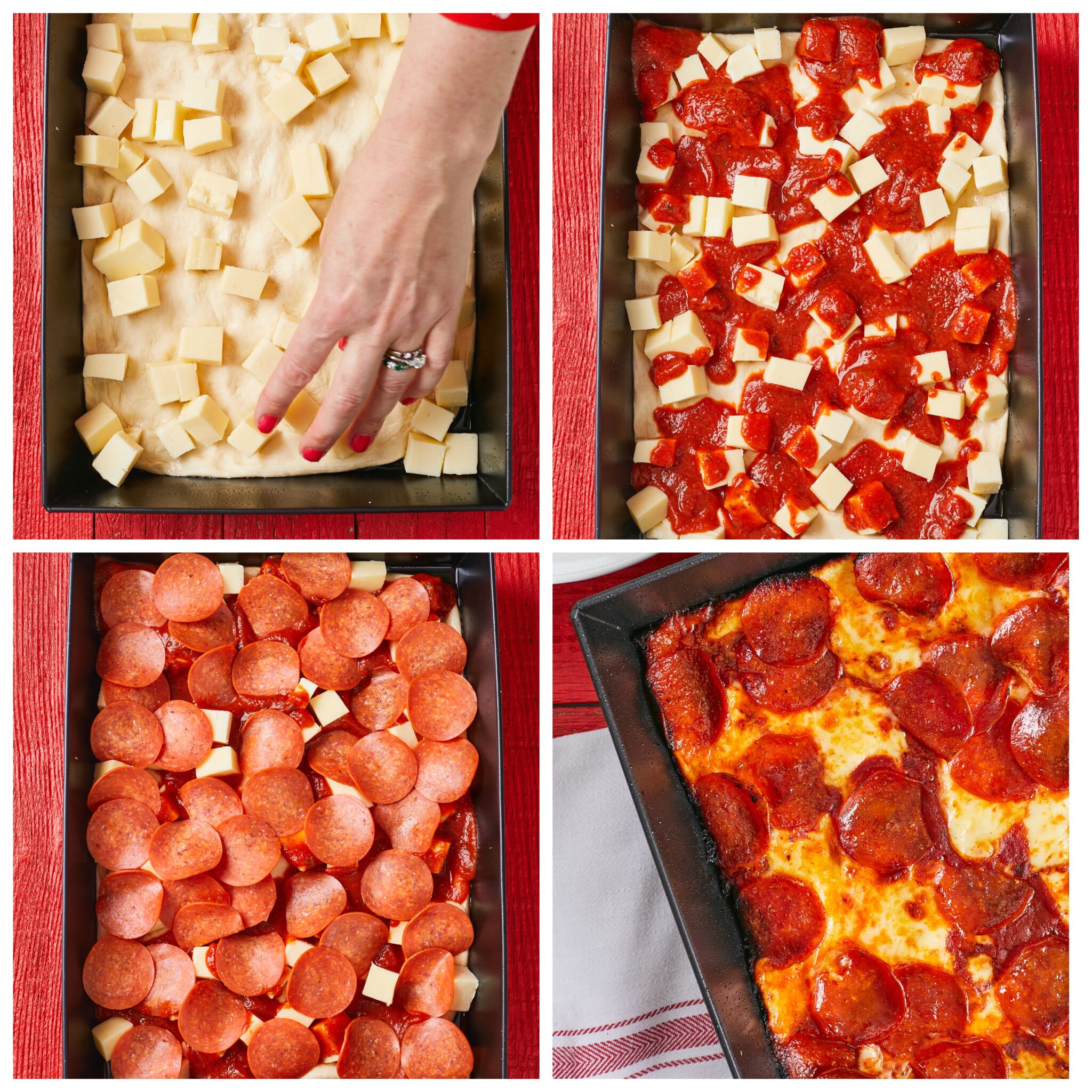 Assembling toppings for the pizza before baking. Start with cheese cubes sprinkled all the way to edges, then topped with pizza sauce and followed by thin pepperonis. It's baked until the edges are dark and caramelized and the cheese has browned. 