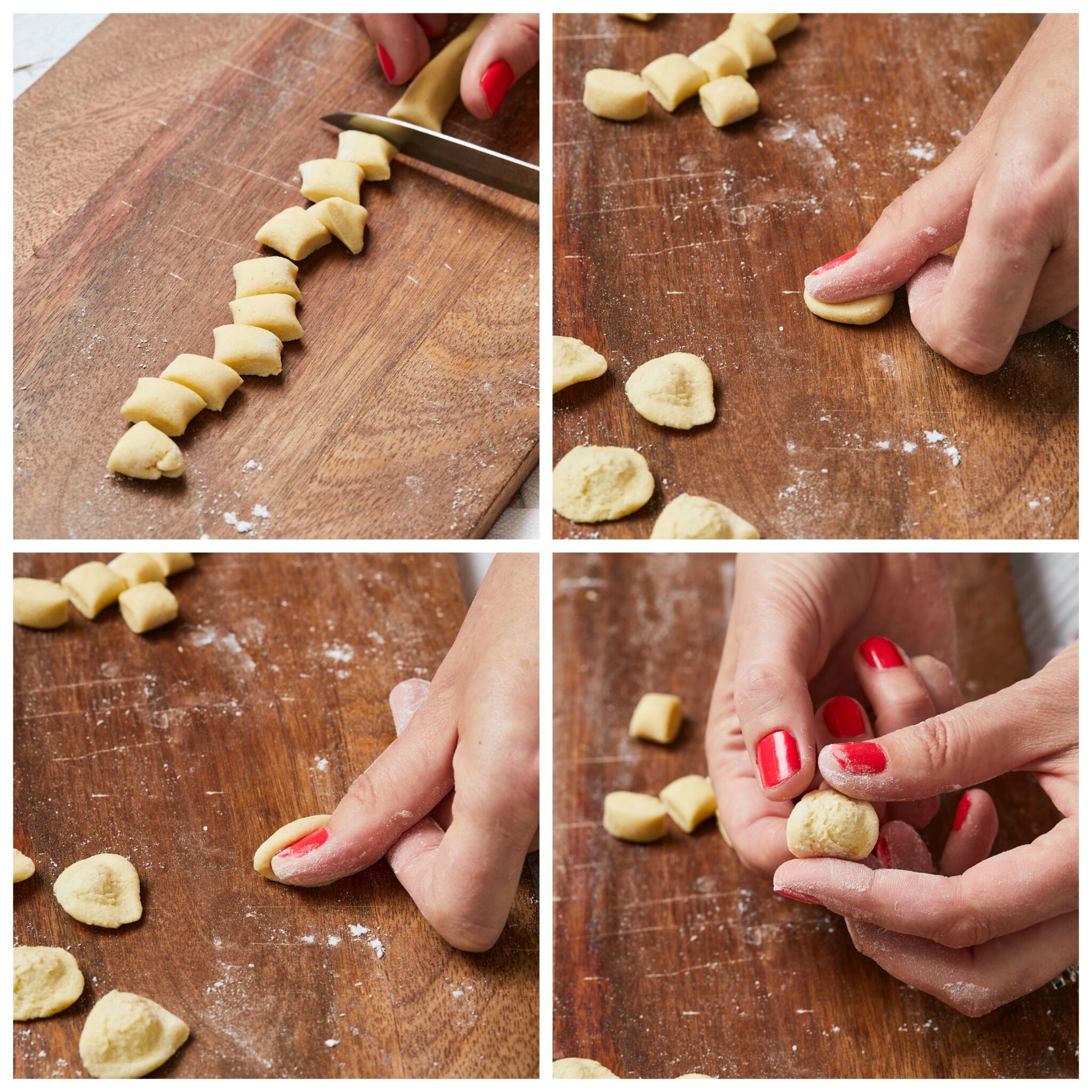 Step-by-step instruction on how to make Orecchiette Pasta: Press your lightly floured thumb firmly into the center of a piece of dough while simultaneously slightly rotating your thumb and pushing it away from you. Press the concave inside out.