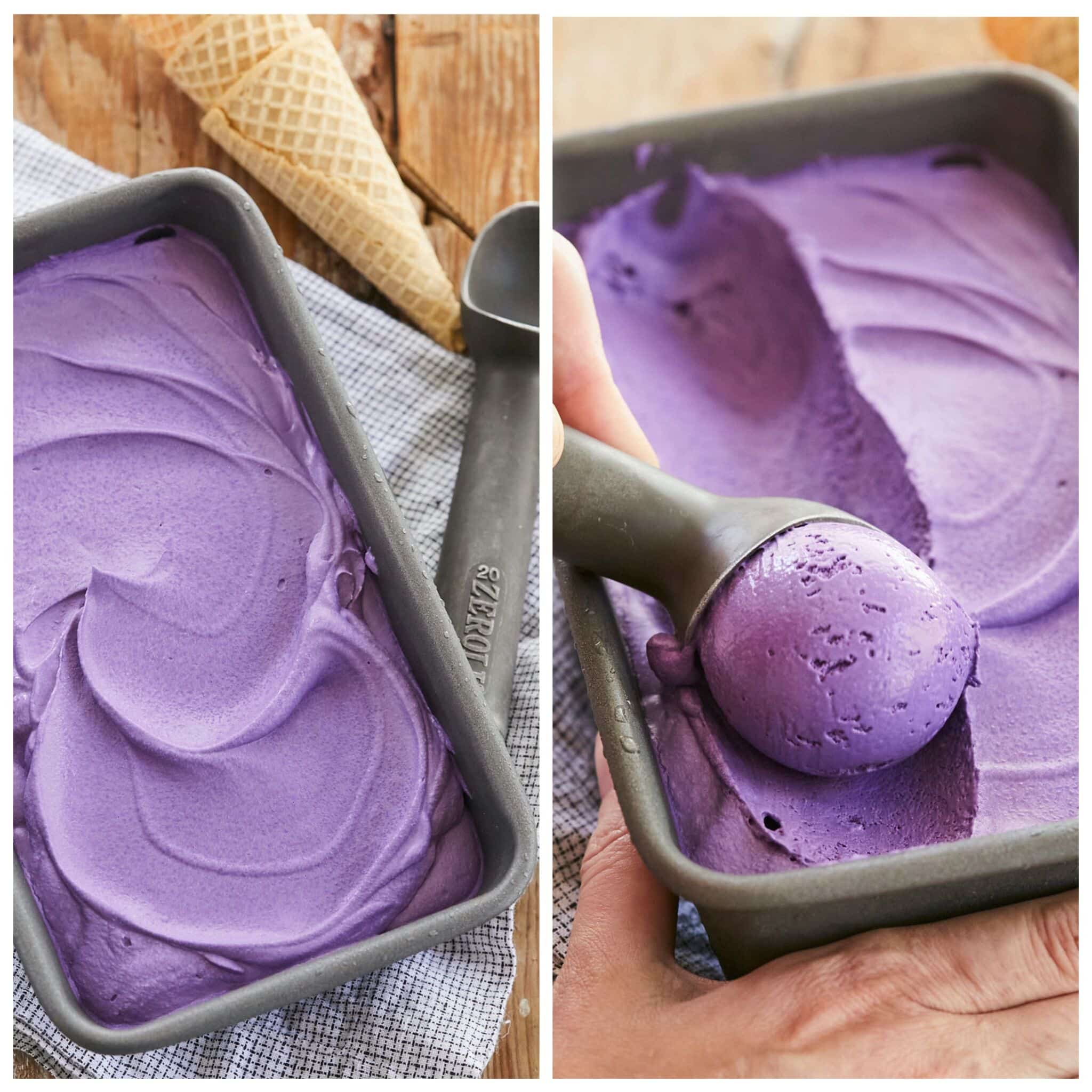 In the left picture, purple rich velvety ube ice cream in a standard loaf pan, with ice cream cones and a scoop on the side. In the right picture, the rich velvety ube ice cream is being scooped from the loaf pan. 