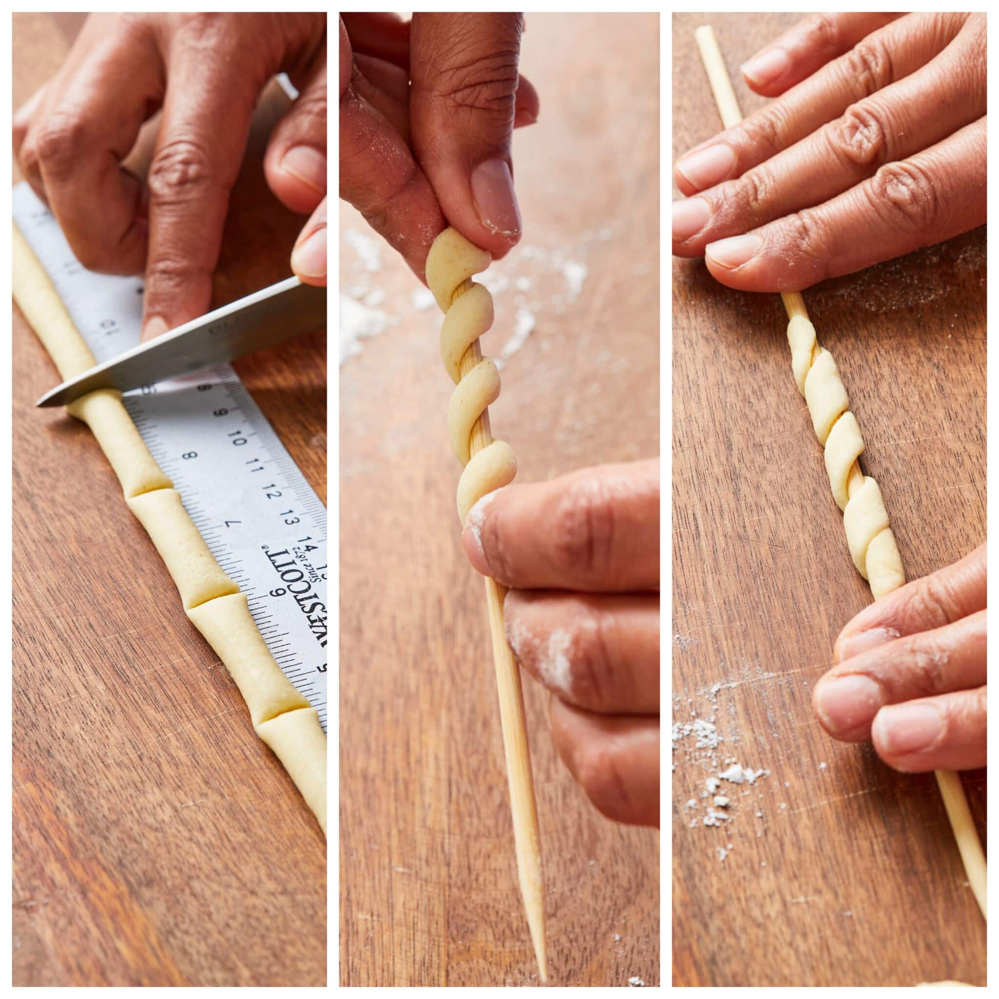 Step-by-step instruction on how to make Busiate pasta: roll the dough into a very thin strip about ¼ inch (6 mm) thick. Cut the rope into 3-inch (9 cm) pieces. Working with one piece of dough at a time, twist the dough around a wooden skewer, and then roll the skewer to flatten the coil.