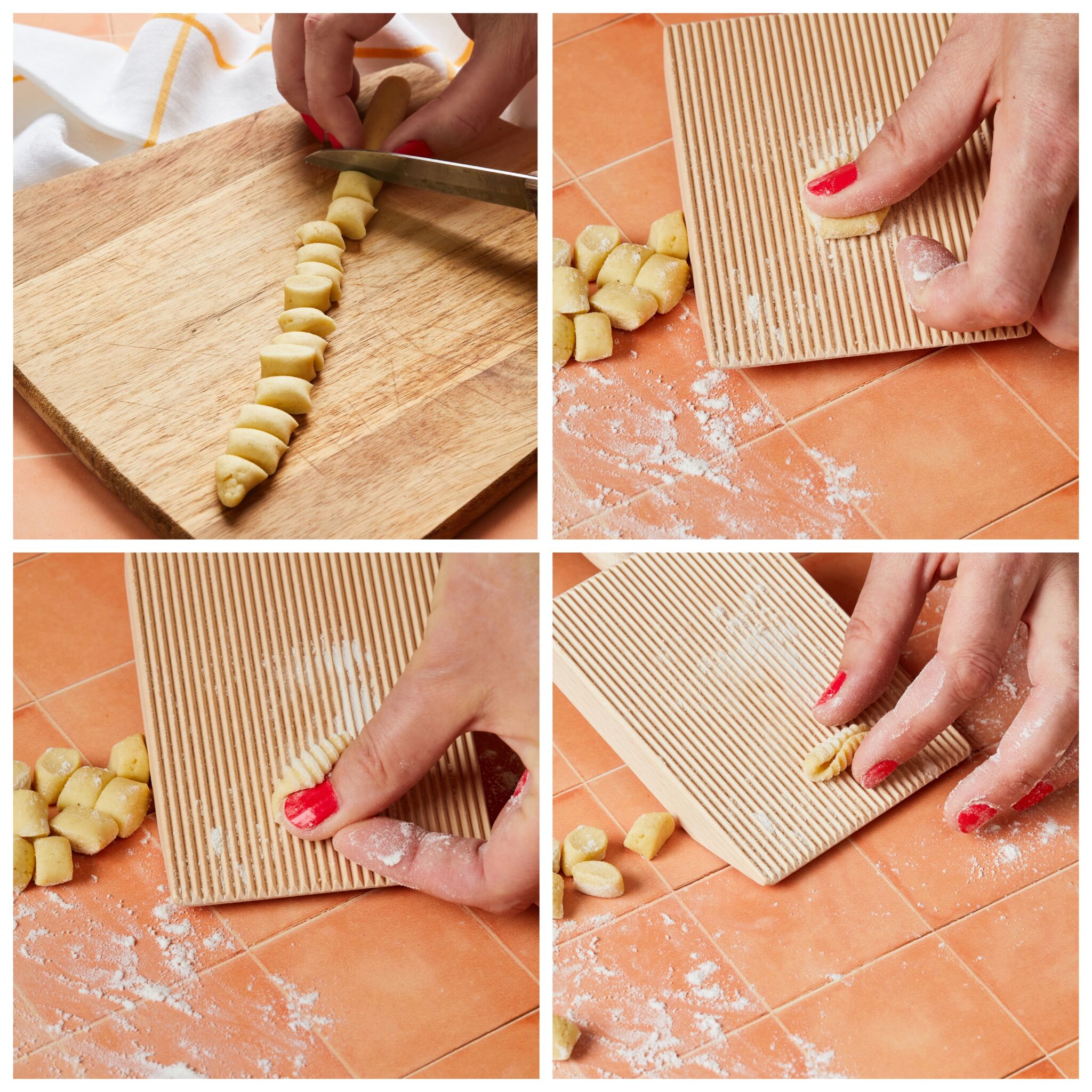 Step-by-step instructions on how to shape Malloreddus pasta Cut the rope into 1/2-inch rectangles. Take each small rectangle of dough one at a time, and press against the lightly floured gnocchi board. Use the side of your thumb to push the dough away and onto the board to curl around your thumb. If you don’t have a gnocchi board, you can try rolling the pieces of dough over the back of a fork.