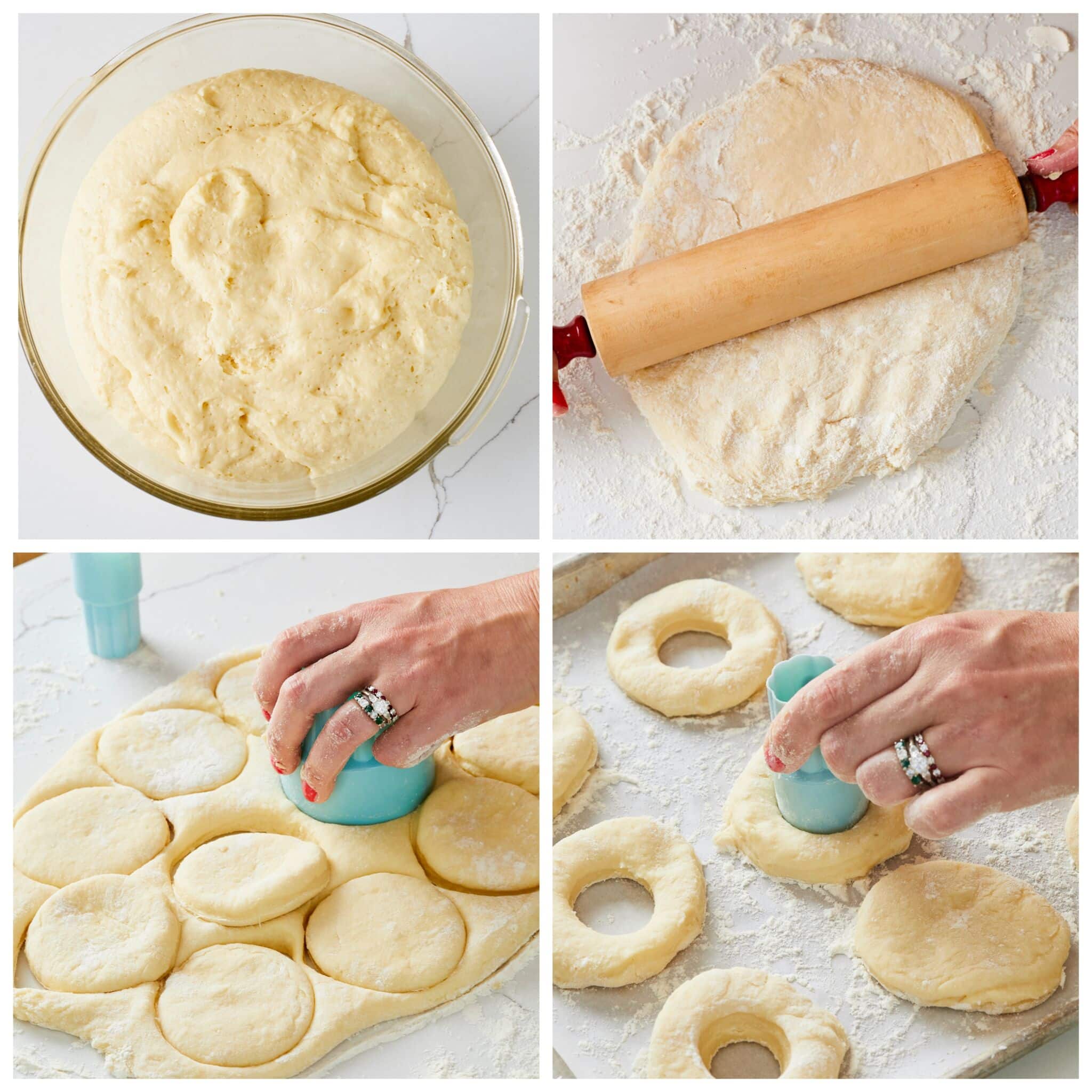 Step-by-step instructions on How to Make Homemade Krispy Kreme Donuts: Proof the dough in an oiled glass bowl until double in size. Roll the dough out to ½ inch thick. Cut out donuts using a 3-inch scone cutter and a 1-inch scone cutter. 