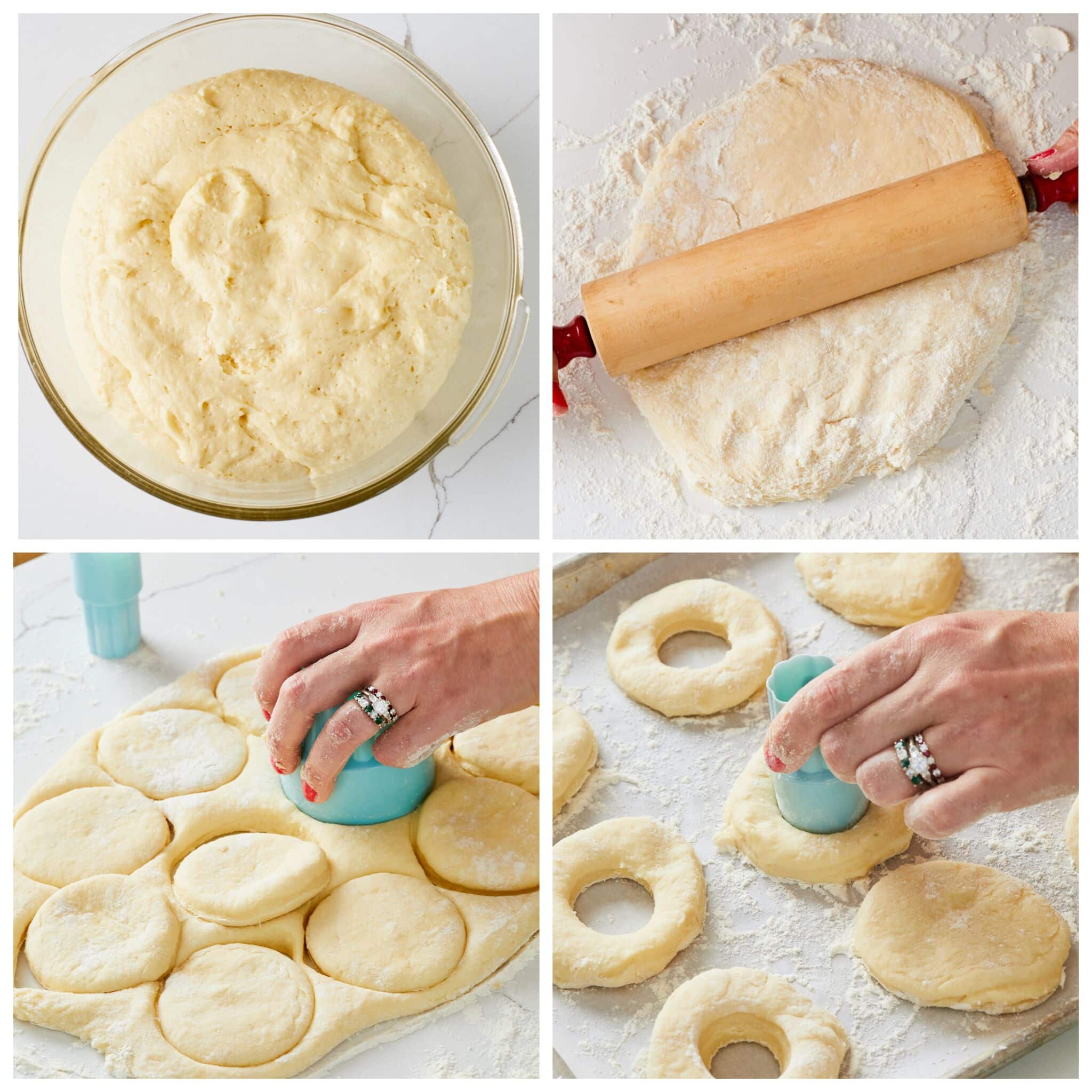 Step-by-step instructions on How to Make Homemade Krispy Kreme Donuts: Proof the dough in an oiled glass bowl until double in size. Roll the dough out to ½ inch thick. Cut out donuts using a 3-inch scone cutter and a 1-inch scone cutter.