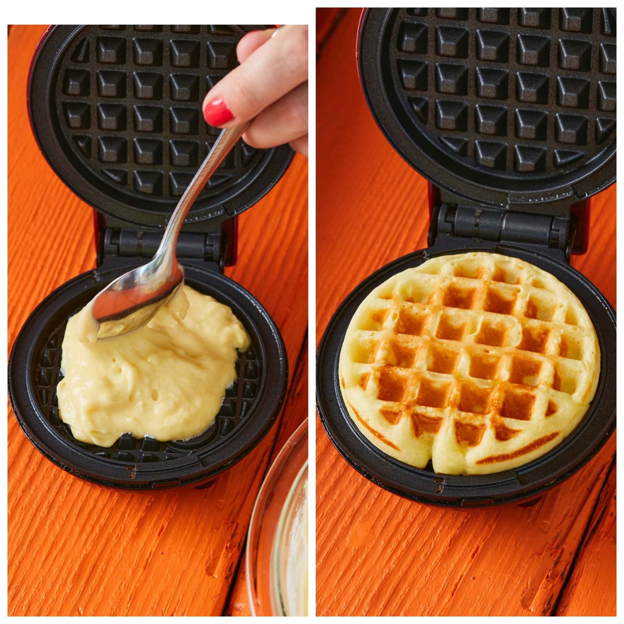 Step-by-step cooking instructions: pour a big dollop of batter into the preheated and buttered waffles maker, cook until golden and crispy. 
