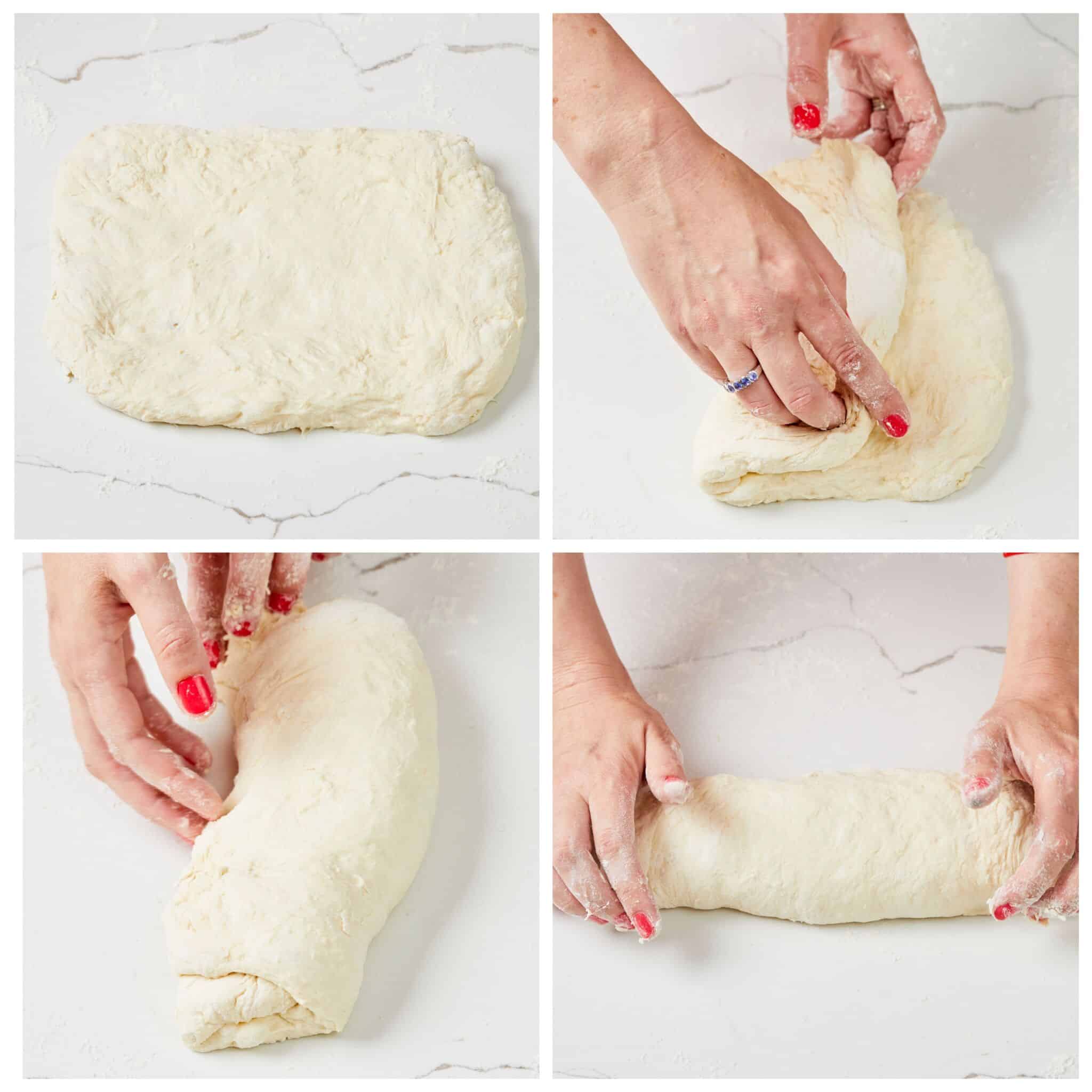 Shaping the dough: On a floured surface, starting at an 8-inch (20 cm) edge, fold in thirds like a letter, then place, seam side down into an 8x12-inch (20x30 cm) rectangle. 