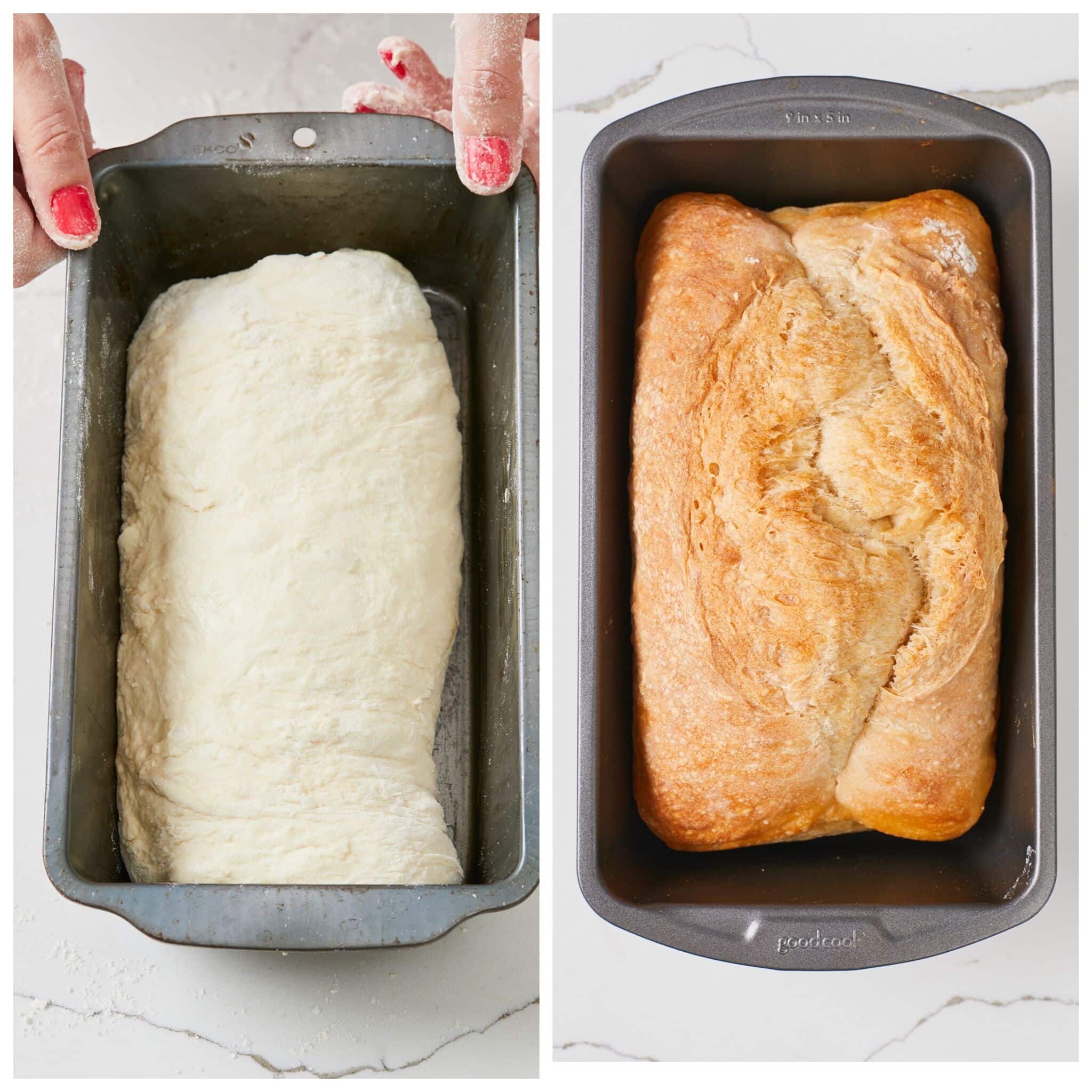 The dough had been shaped and placed in a prepared metal loaf pan. It was baked until deep golden brown. 