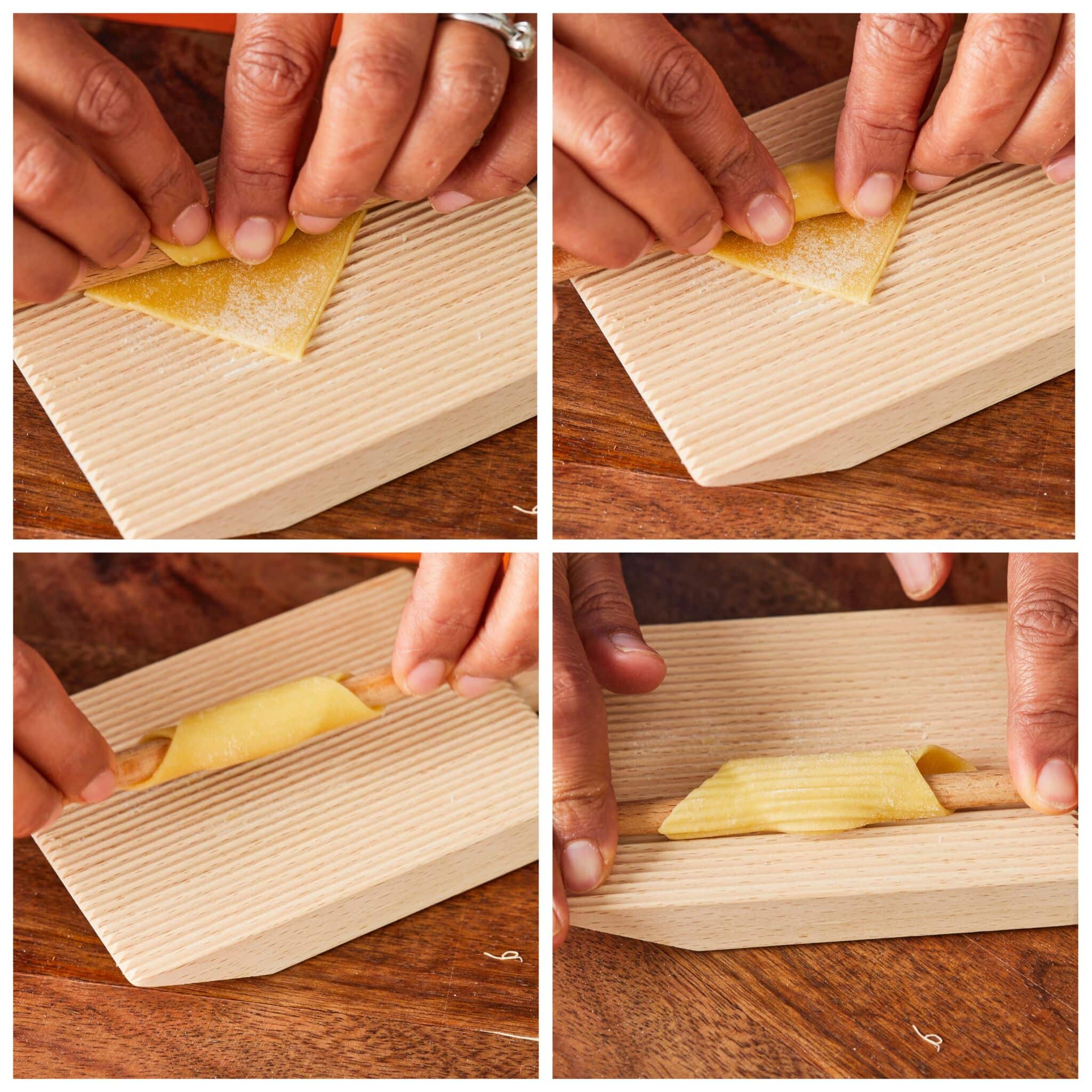 How to make Penne Pasta: Place the dowel on the square of dough, form the dough around the dowel, and roll and press on the gnocchi board to make ridges. The tube will have a point at both ends. While the dough is around the dowel, press the ends together to make a seam.
