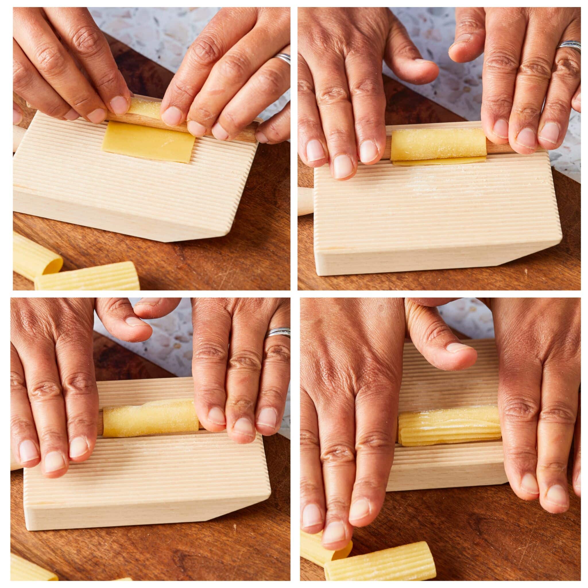 Step-by-step instruction on how to make Rigatoni pasta: place a piece of dough on the gnocchi board in a square orientation. Place the dowel on the square of dough, form the dough around the dowel, and roll and press on the gnocchi board to make ridges. While the dough is around the dowel, press the ends together to make a seam.