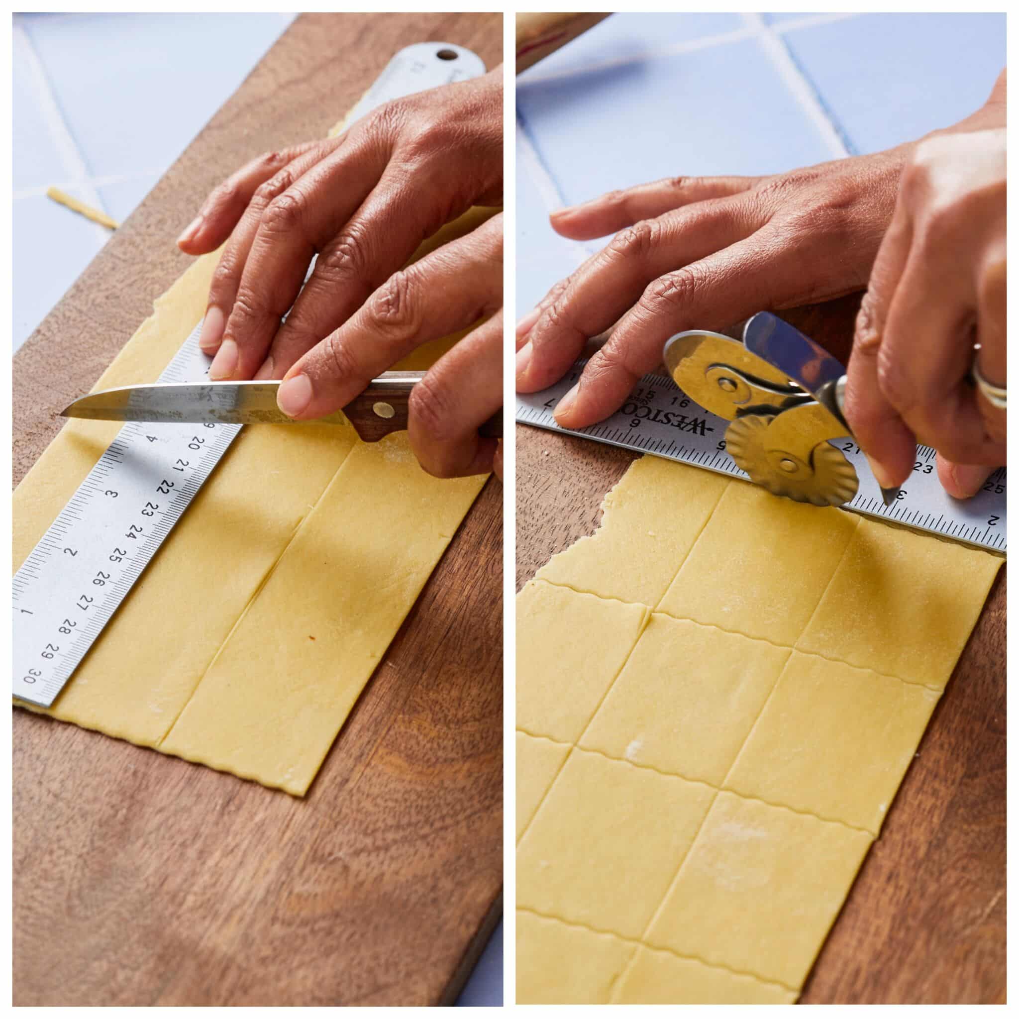Step-by -step instruction on sharing Farfalle Pasta: divide the dough into quarters and work with one section at a time. Roll the dough as thin as possible. With a pizza cutter, cut the dough lengthwise into 1 1/2 inch (4 cm) strips. Use a fluted pastry wheel to cut the strip into 2-inch (5 cm) rectangles. 