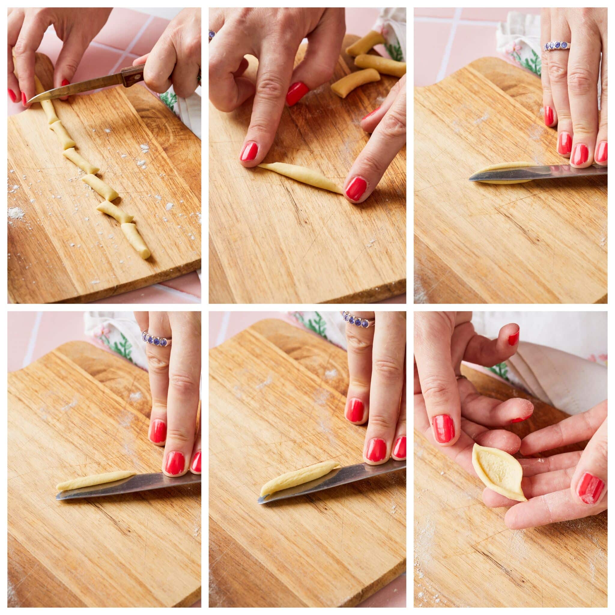 Step-by-step instructions on how to make Olive Leaf Pasta (Foglie d'Ulivo):
Roll a quarter of the dough into a rope and cut it into 1 1/2 inch (4 cm) pieces.
Take one piece of dough at a time, and roll so it's tapered at both ends.
Hold down one end of a piece of dough, and holding a table knife at a slight angle, press into the center of the dough lengthwise and drag down and away from you to create the leaf shape.
As soon as you finish a piece, place it on the semolina-dusted baking tray.   