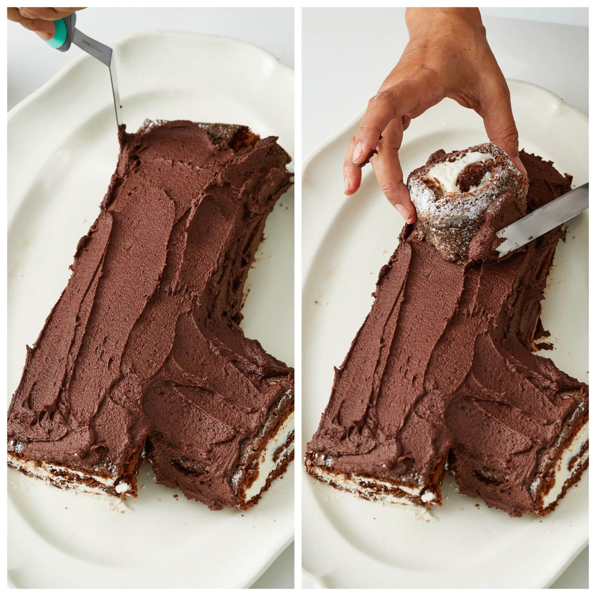 Cut a 10-inch piece of the cake and place it seam-side down on a serving platter. Cut the remaining piece in half, and use frosting to attach one half upright on the top of the cake and the other on the side. Using the chocolate buttercream, frost the cake to look like a log. Garnish with Meringue Mushrooms (pipe meringue into mushroom stems and mushroom caps) and powdered sugar. 