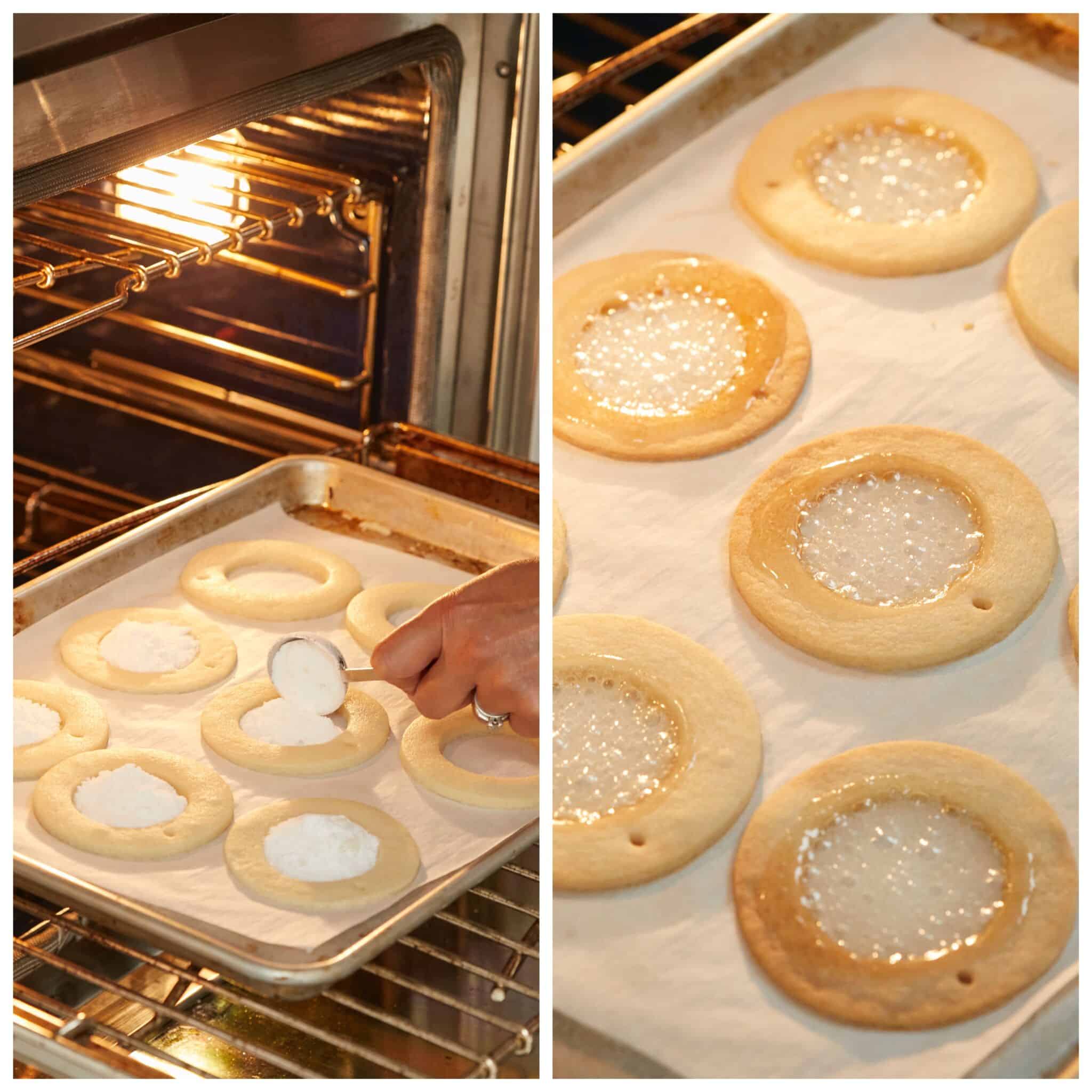 Step-by-step instruction on How to Make Snow Globe Cookies: Bake the cookies on parchment-paper lined sheets at 325°F (165°C) fan assist. After five minutes, add 1 tablespoon of ground candy to the centers. Bake for 5 minutes more, until the cookies are lightly golden and the candy is melted.