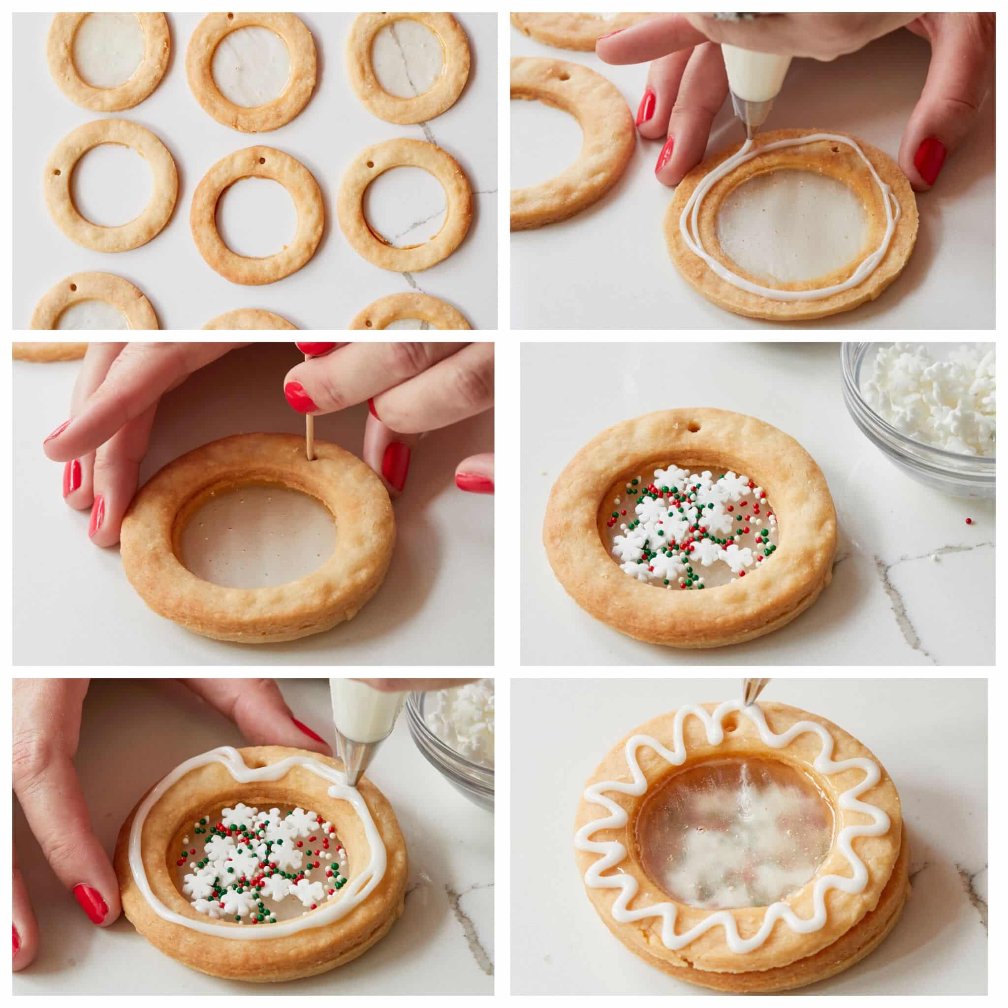 Assembling Snow Globe Cookies: To make a Snow Globe Cookie, take one candy-filled cookie and use icing to sandwich it with an empty cookie ring. Add sprinkles to the center, and then use icing to sandwich another candy-filled cookie on top. Pipe icing around the ring to decorate, and when the cookies are completely dry, thread with twine or ribbon.