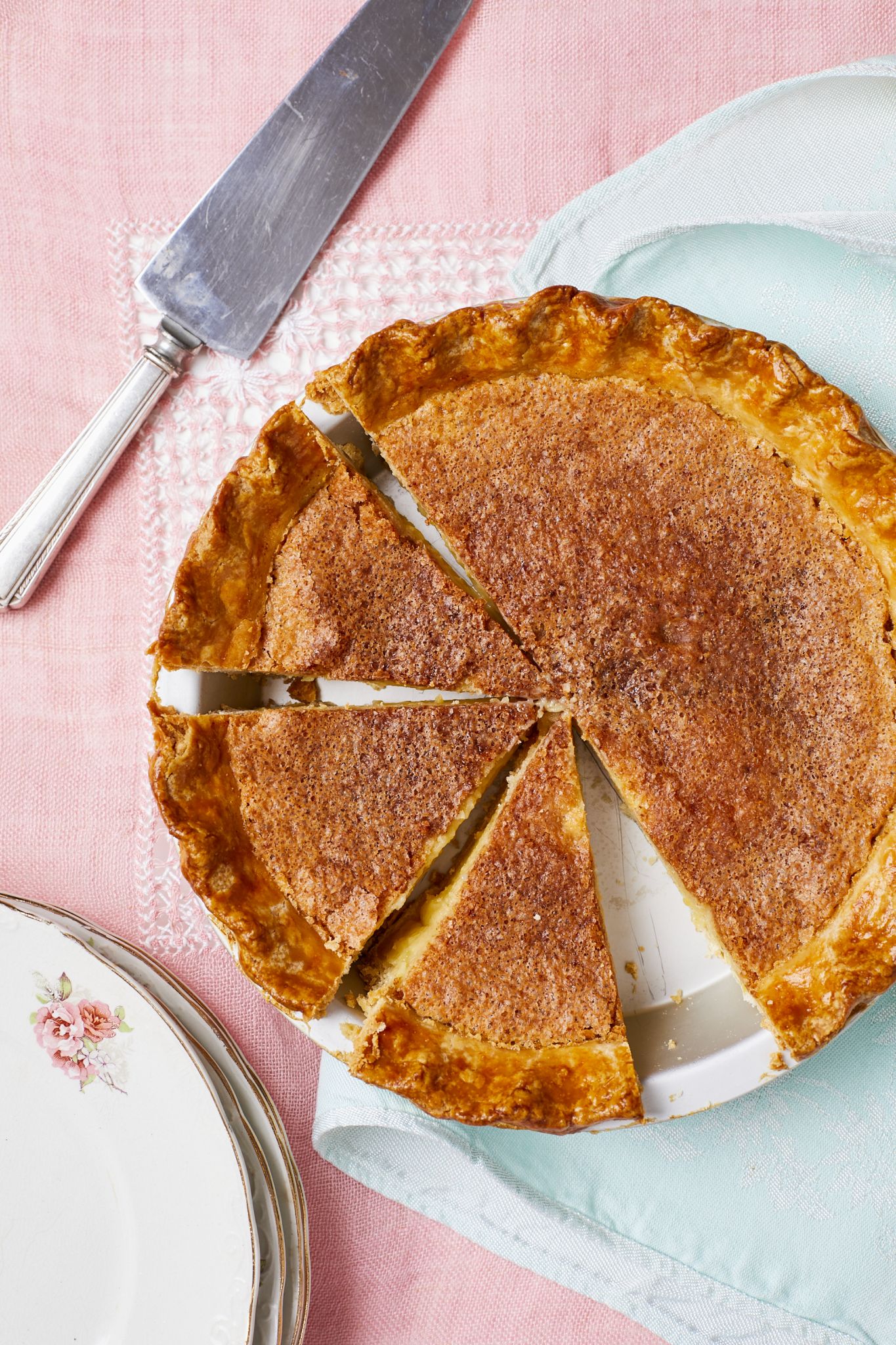 Chess Pie8 A top down view of a half sliced chess pie