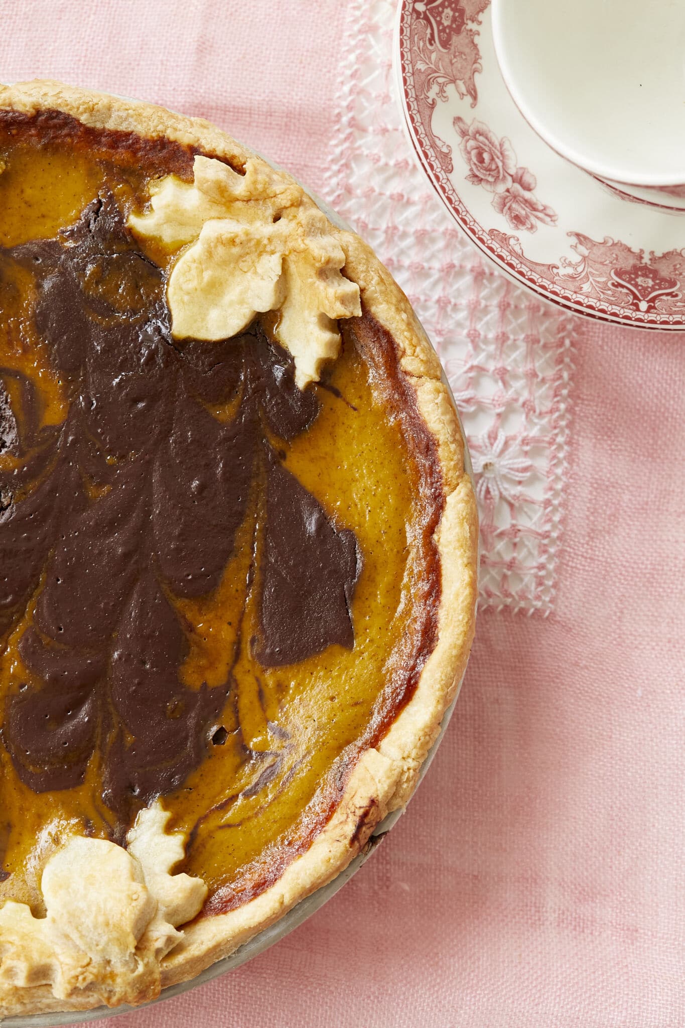Chocolate pumpkin Pie2 Top down view of chocolate swirl pumpkin pie.
