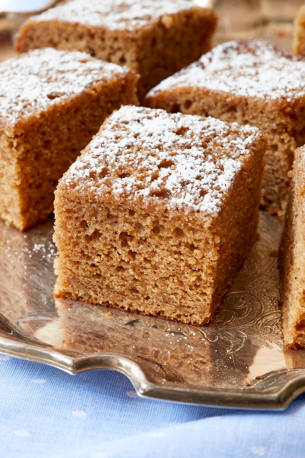 A close-up shot at slices of Irish Spice Cake dusted with powdered sugar. 