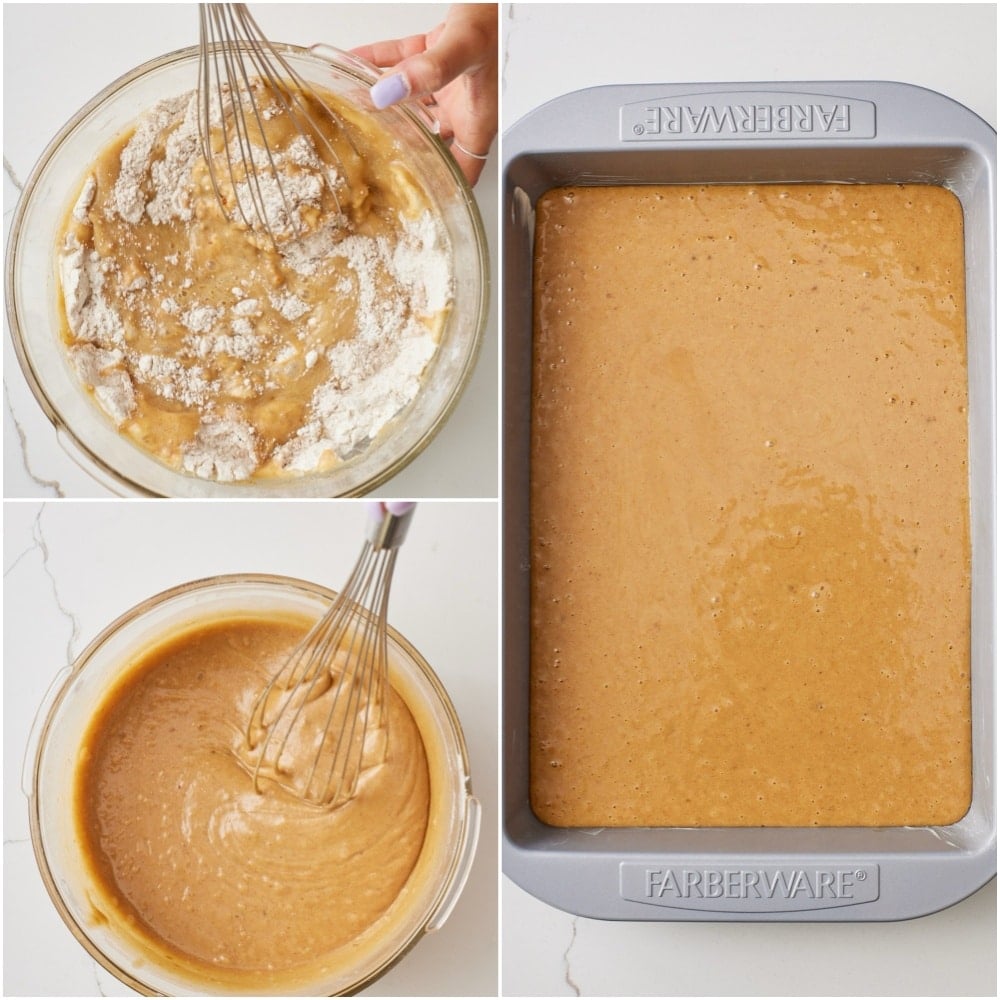 Add the dry ingredients mixture to the wet and mix until smooth. Pour the batter into your prepared pan.