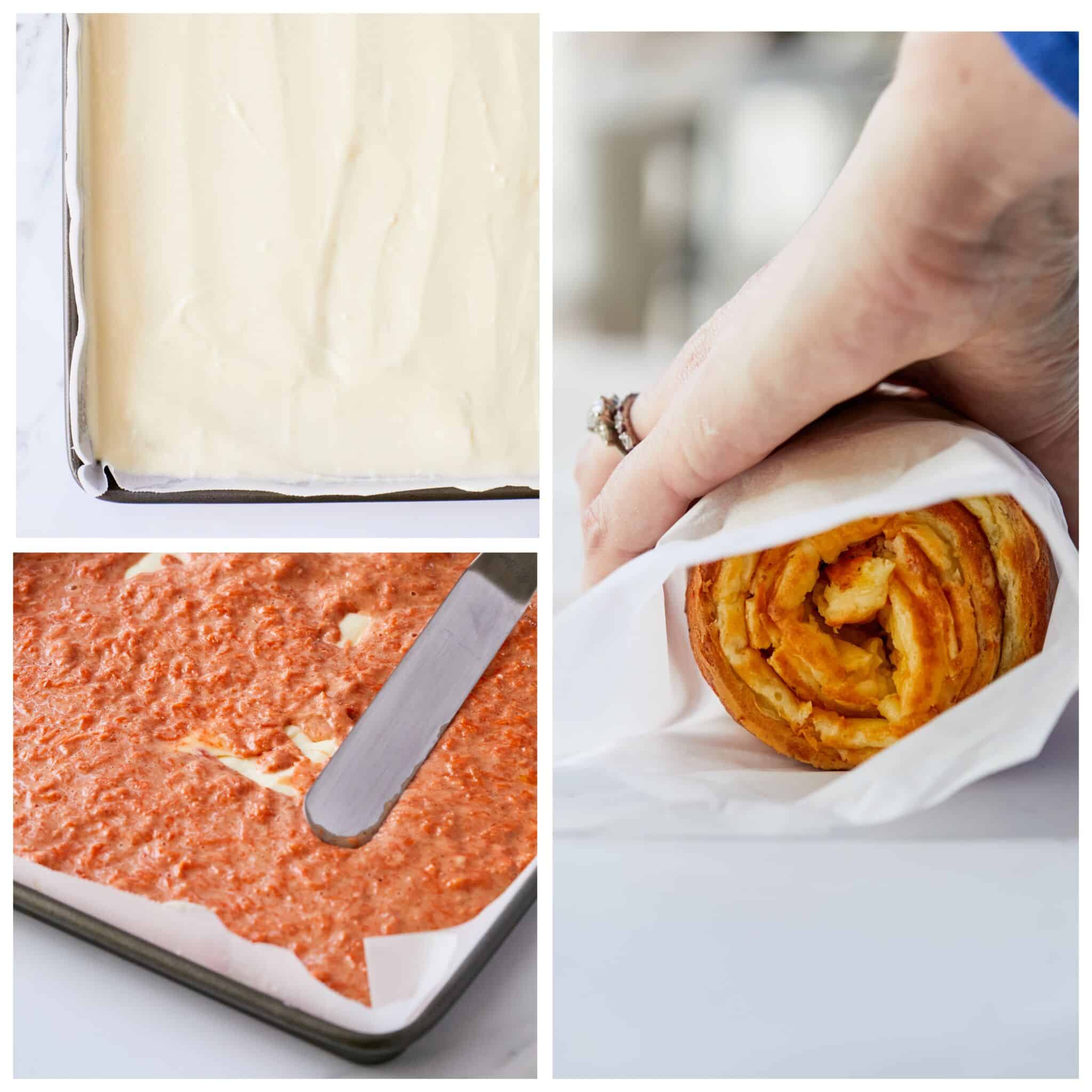Step-by-step instructions on how to make Carrot Cake Cheesecake Roll: spread the prepared cheesecake filling in the pan then top with with Carrot cake filling and bake. Once it's done, roll up the cake when it's still warm to prevent cracking. 