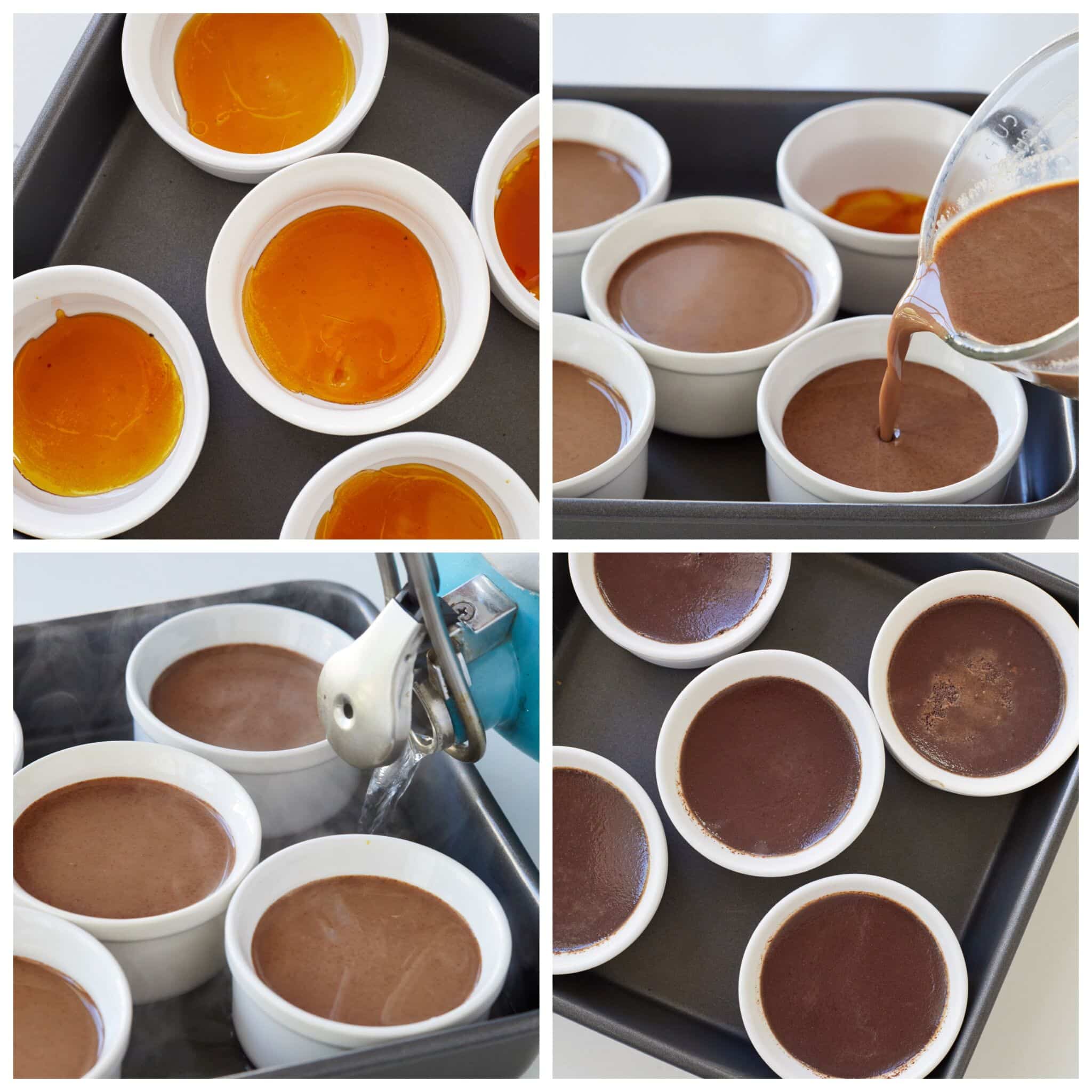 Step-by-step instructions on how to make Chocolate Crème Caramel: divide cooked caramel in ramekins. Pour custard into ramekins and add boiling water in the baking tray. Bake in a water bath until the custard sets but the middle is slightly jiggly.