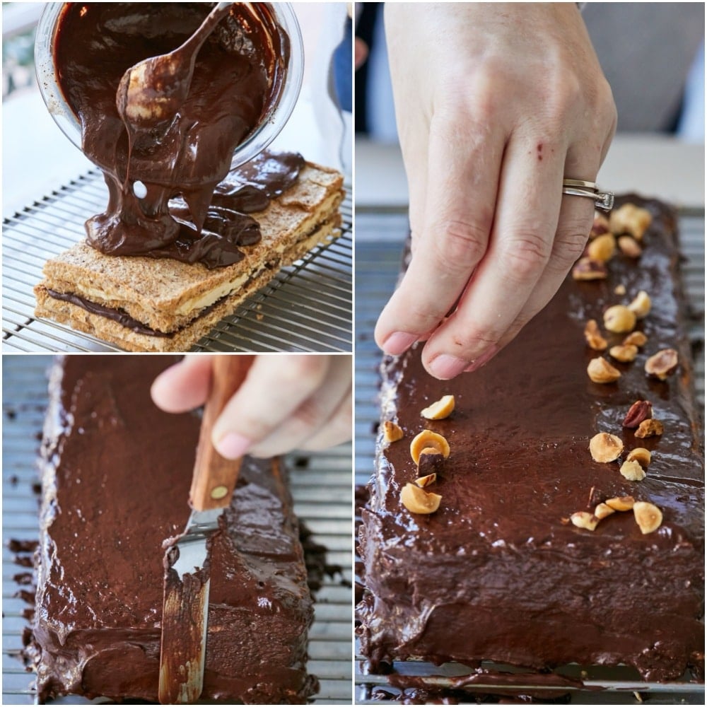 Pour the ganache over the cake and smooth with a palette knife. Garnish with some extra toasted hazelnuts if desired.
