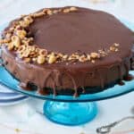The Heavenly Nutella Cheesecake is being displayed on glass cake stand. It has a rich cookie crust, creamy chocolate cream cheese filling and silky smooth ganache coating. It's topped with crunchy toasted hazelnuts for extra flavor and texture.